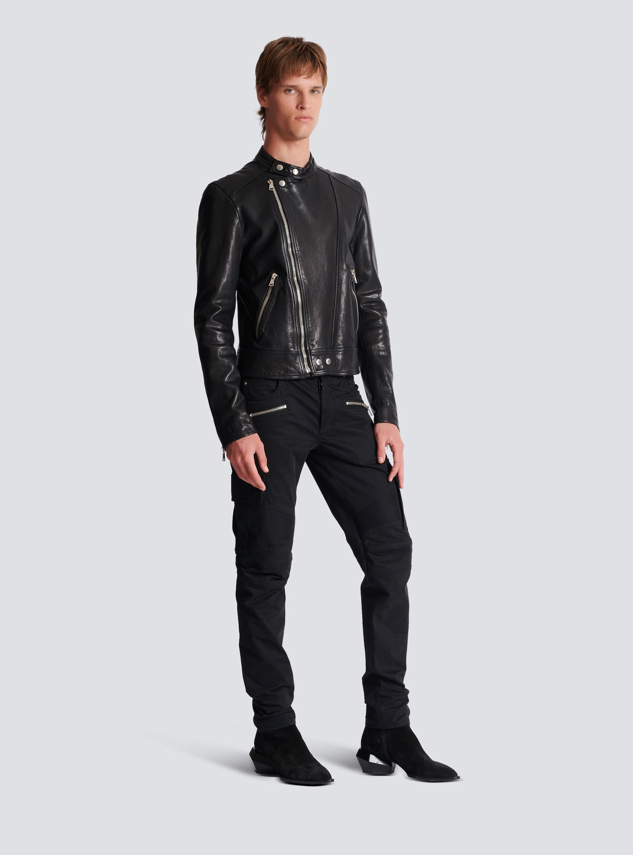 Zipped leather biker jacket - 3