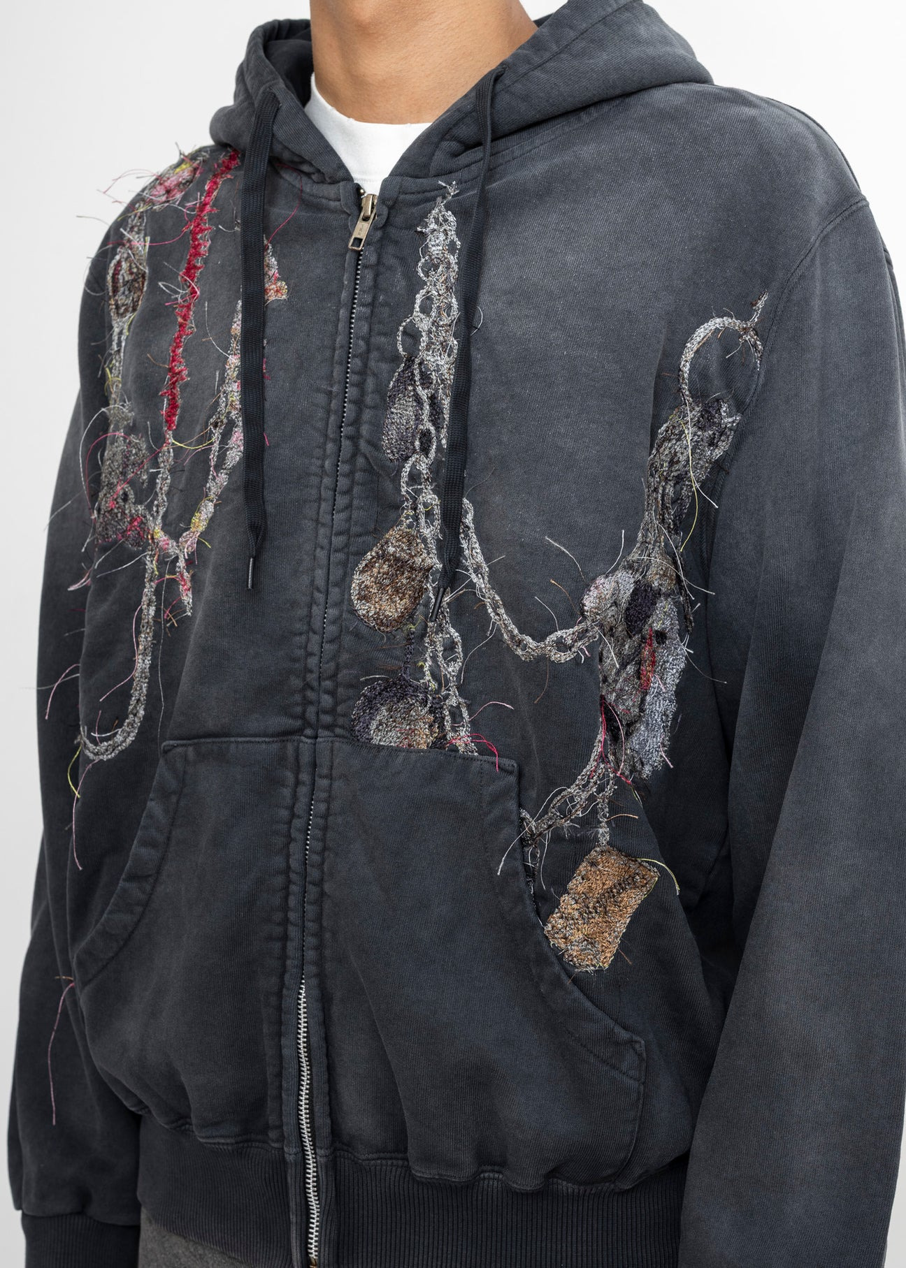 BLACK DOUBLET EMBROIDERED CHAIN ZIP-UP HOODIE - 5