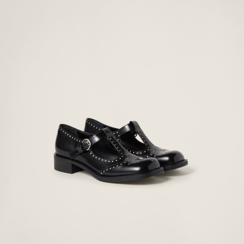 Brushed leather T-strap brogue shoes 1