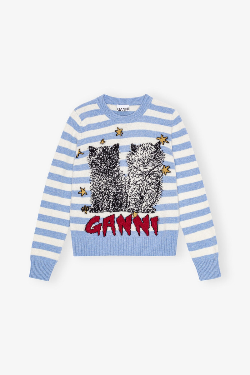 BLUE STRIPED GRAPHIC CAT SWEATER 1