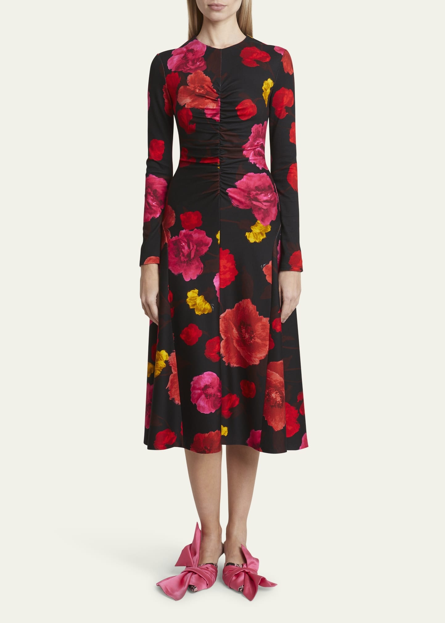 Ruched Floral Long-Sleeve Midi Dress - 2