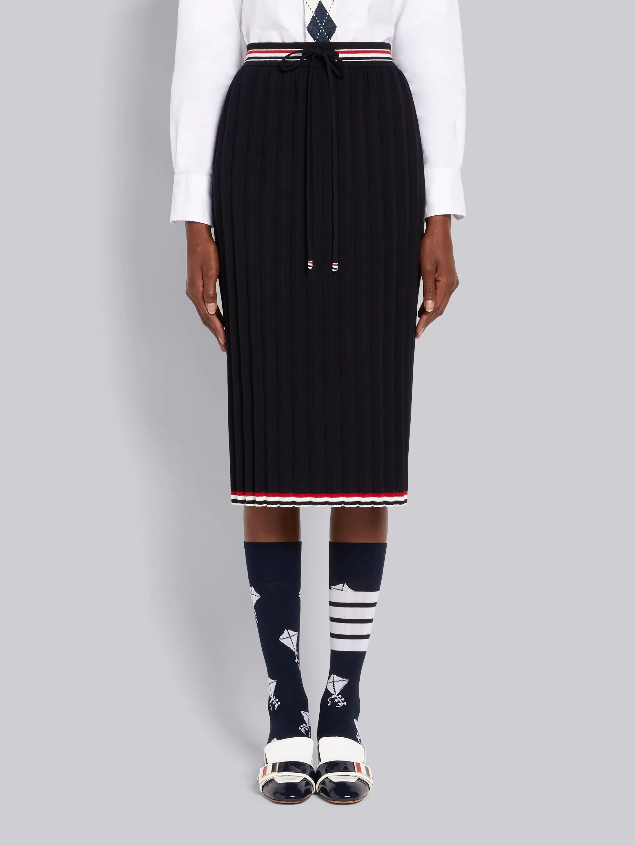 Navy Cable Texture Overtwisted Cotton Stripe Framing Accordion Pleat Knee Length Skirt - 1