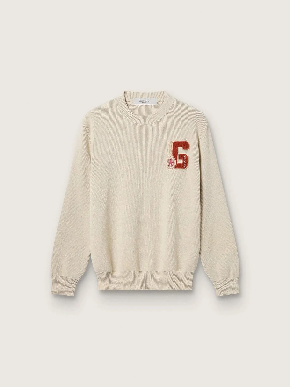Unisex crew-neck sweater in beige cotton with patch on the front and logo on the back - 1