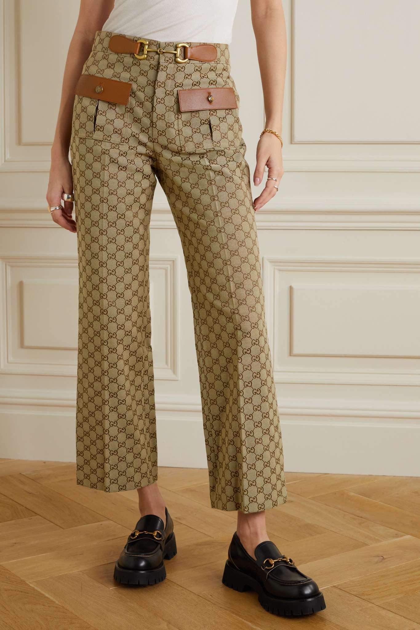 Leather-trimmed cotton-blend canvas-jacquard flared pants - 3