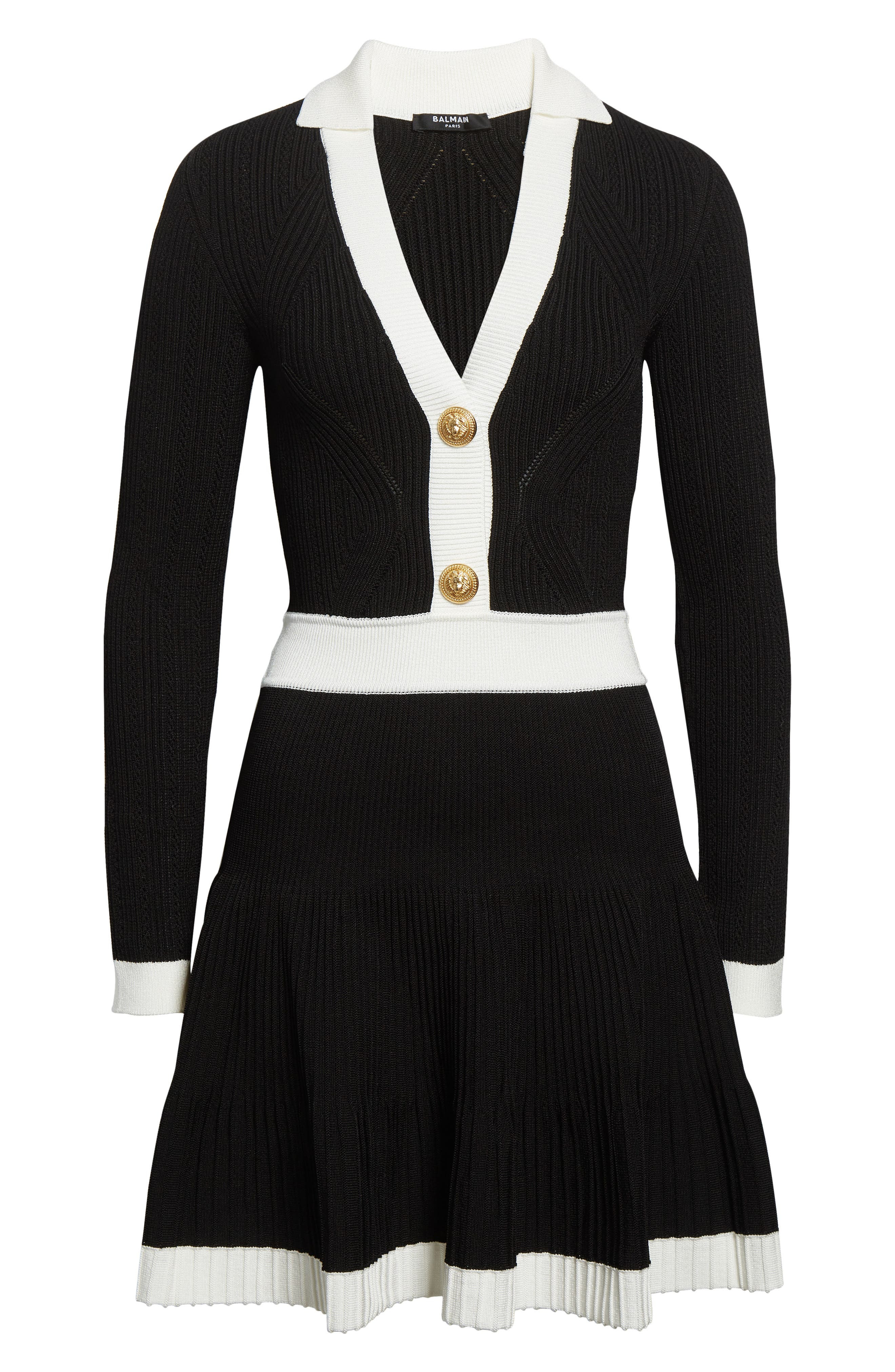 Balmain Colorblock Twisted Cable Long Sleeve Sweater Dress in Black/White at Nordstrom - 5