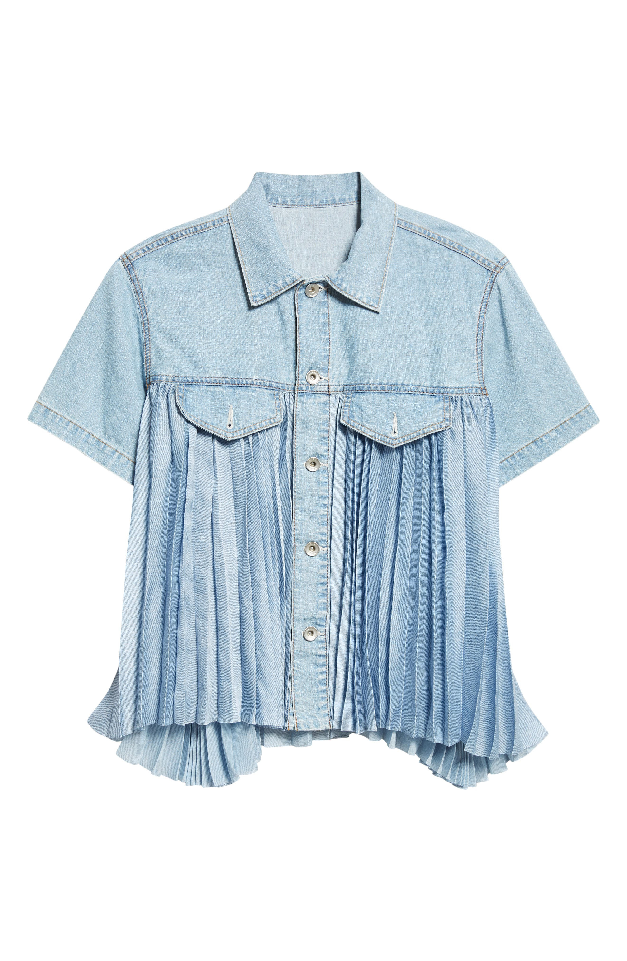 Sacai Mixed Media Short Sleeve Shirt in Light Blue at Nordstrom - 6