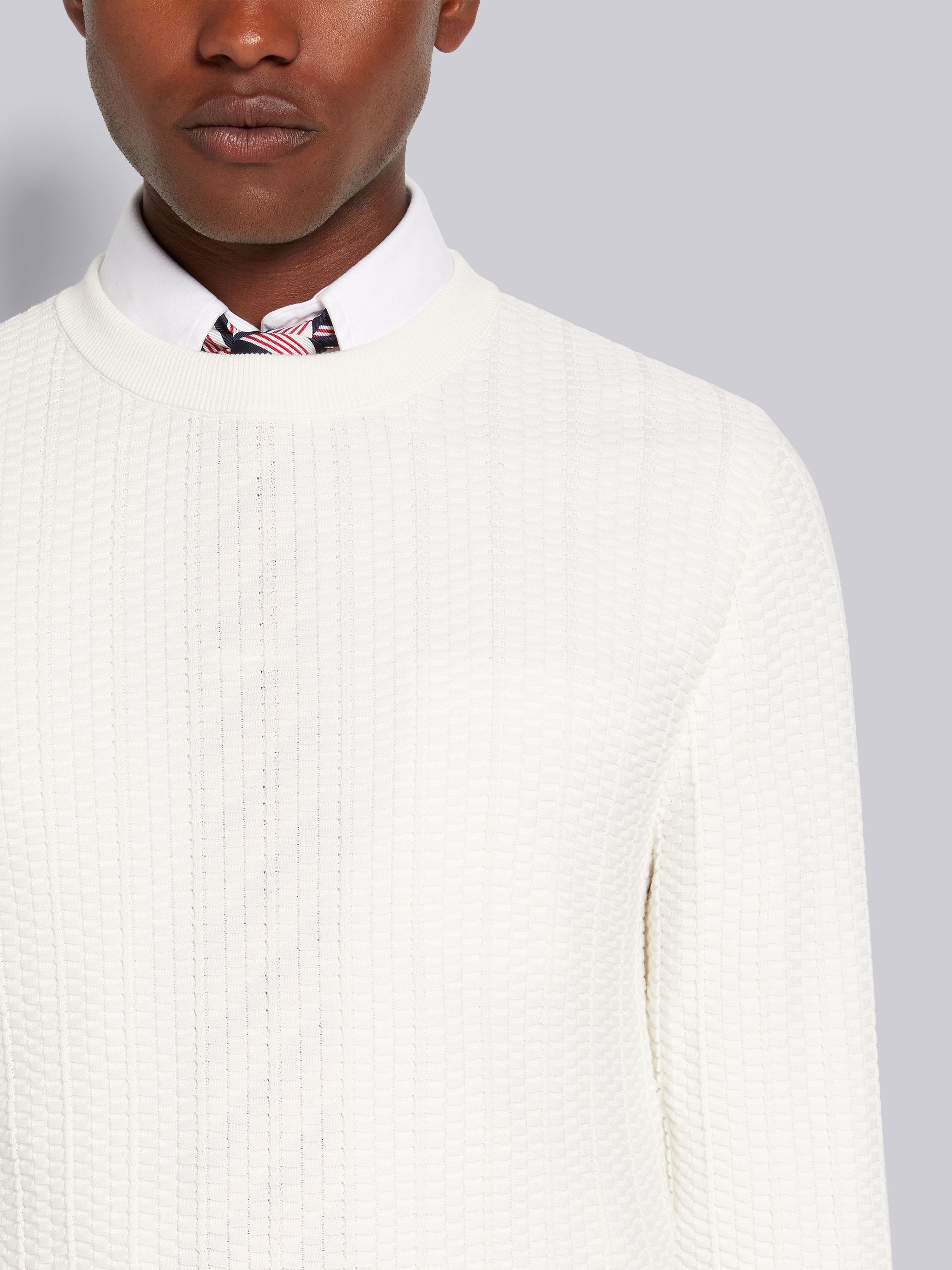 White Textured Cotton Stripe Rib Crew Neck Pullover - 5