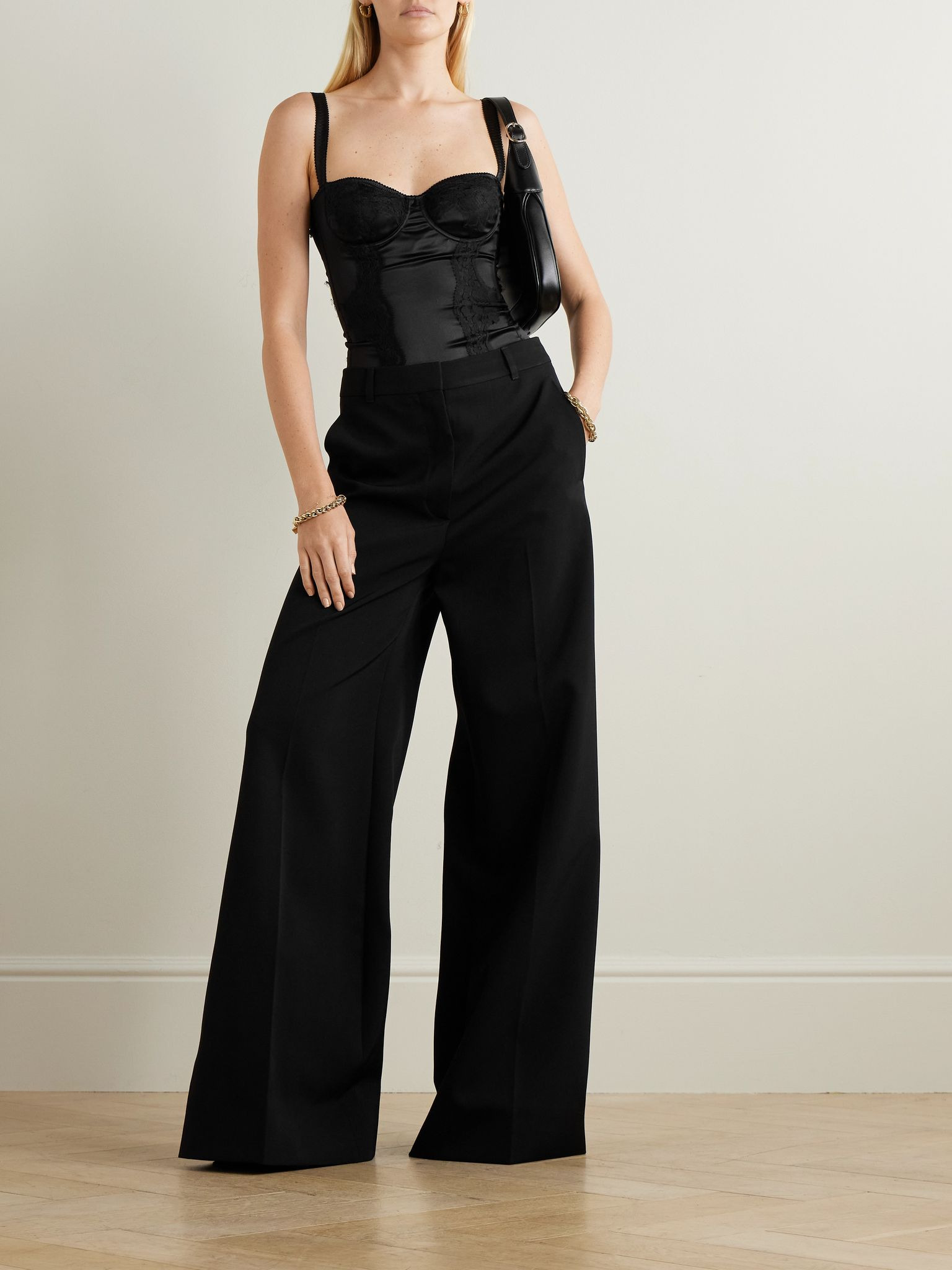 Lace-trimmed silk-blend satin bodysuit Black - 3