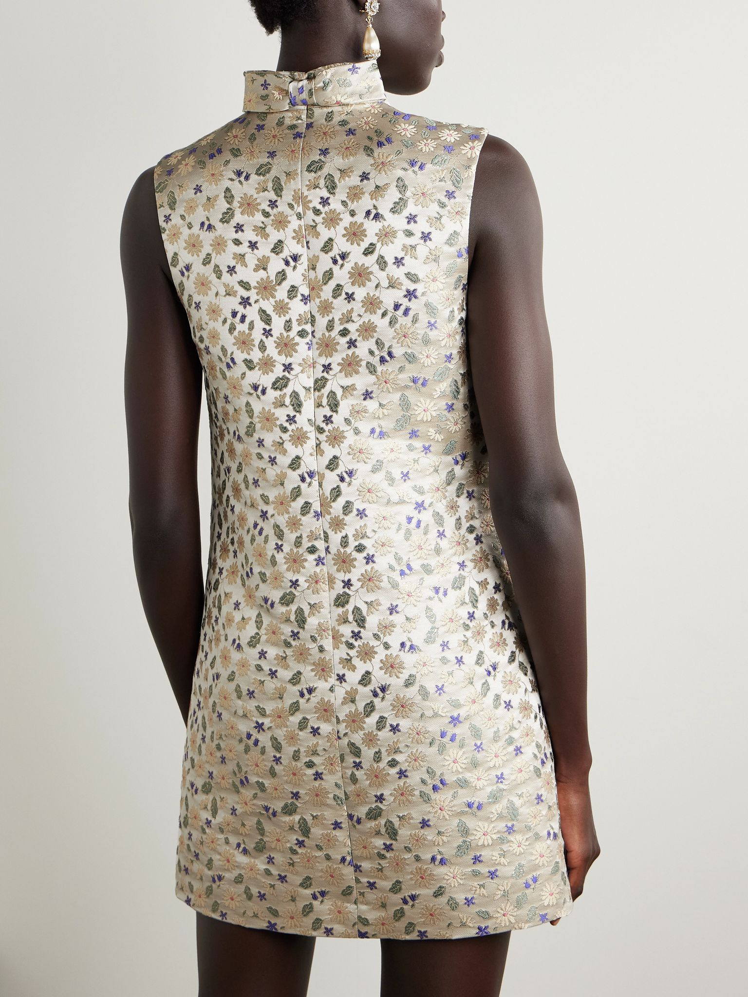 Bow-embellished floral-brocade mini dress Cream - 3