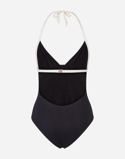 Dolce & Gabbana One-piece swimsuit with plunging neckline and logo outlook