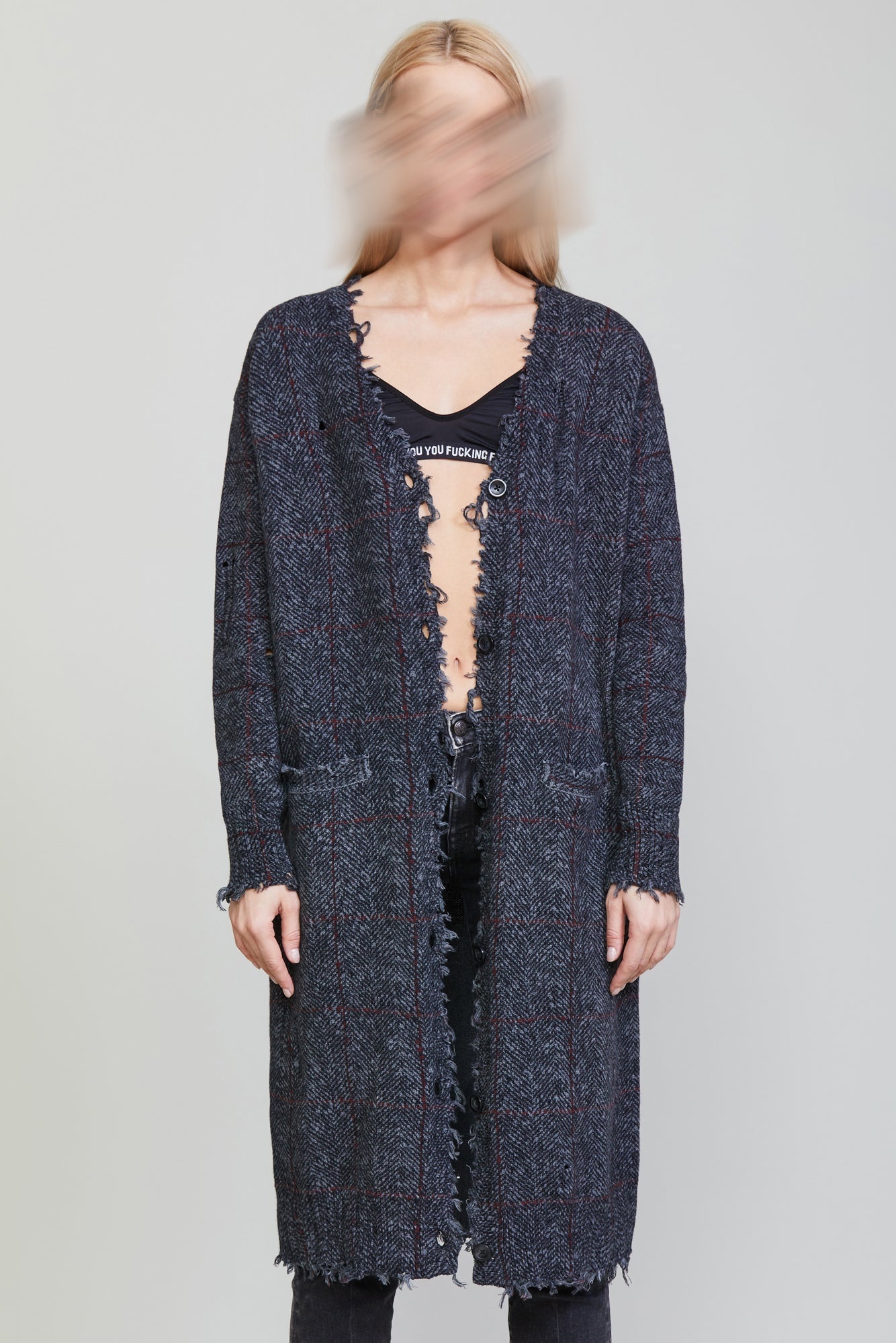 DISTRESSED LONG CARDIGAN - CHARCOAL TWEED - 2