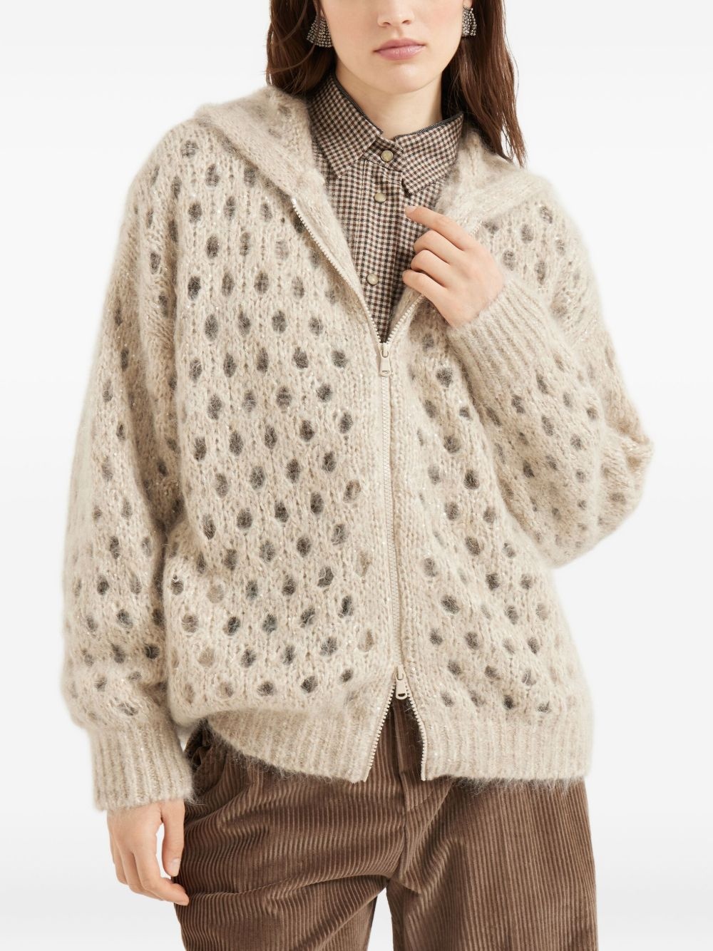 hooded hole-detail cardigan - 3