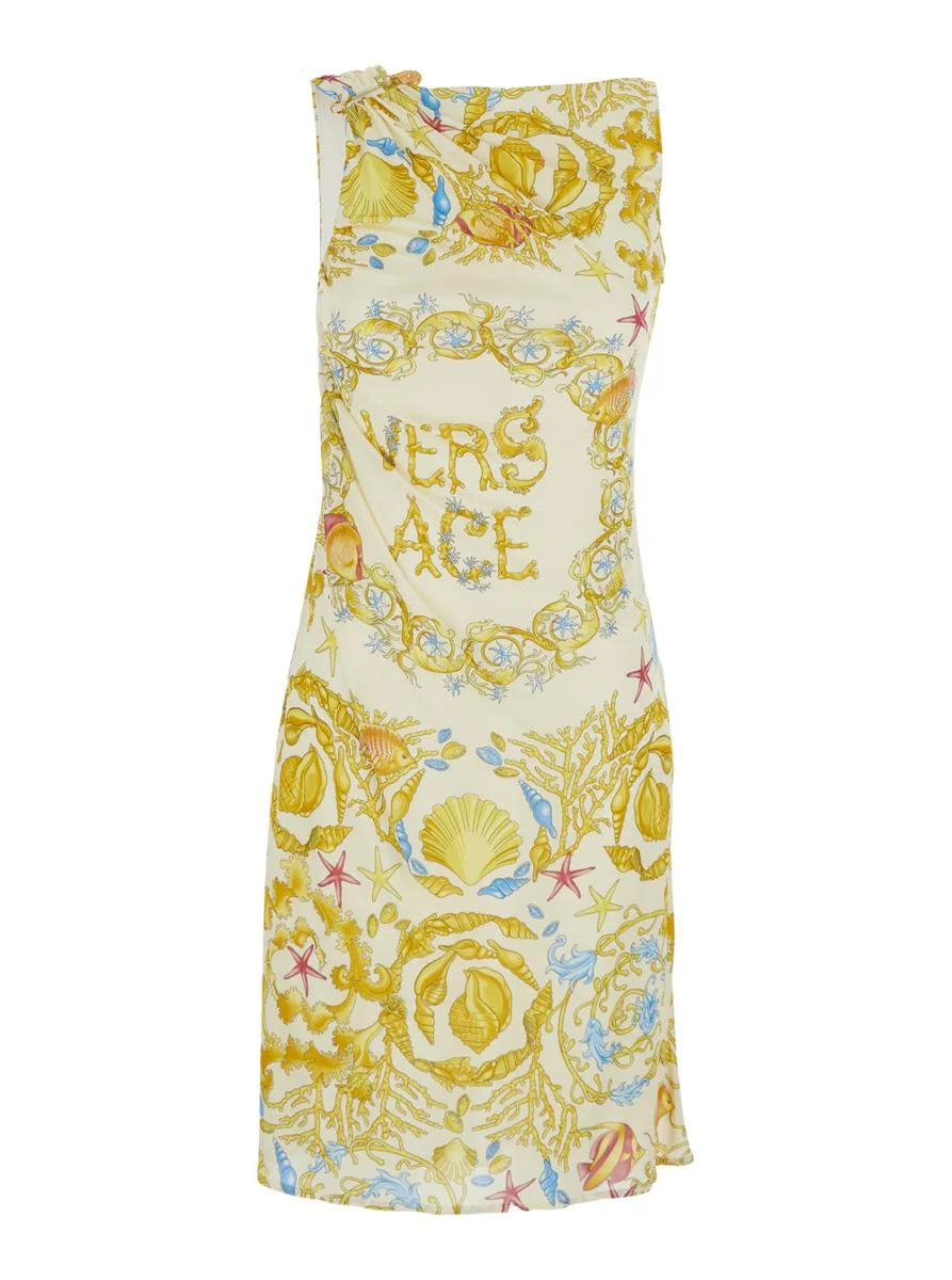 Versace 'Underwater Barocco' Multicolor Sleeveless Dress With Tie Detail On The Sleeve And All-Over - 1