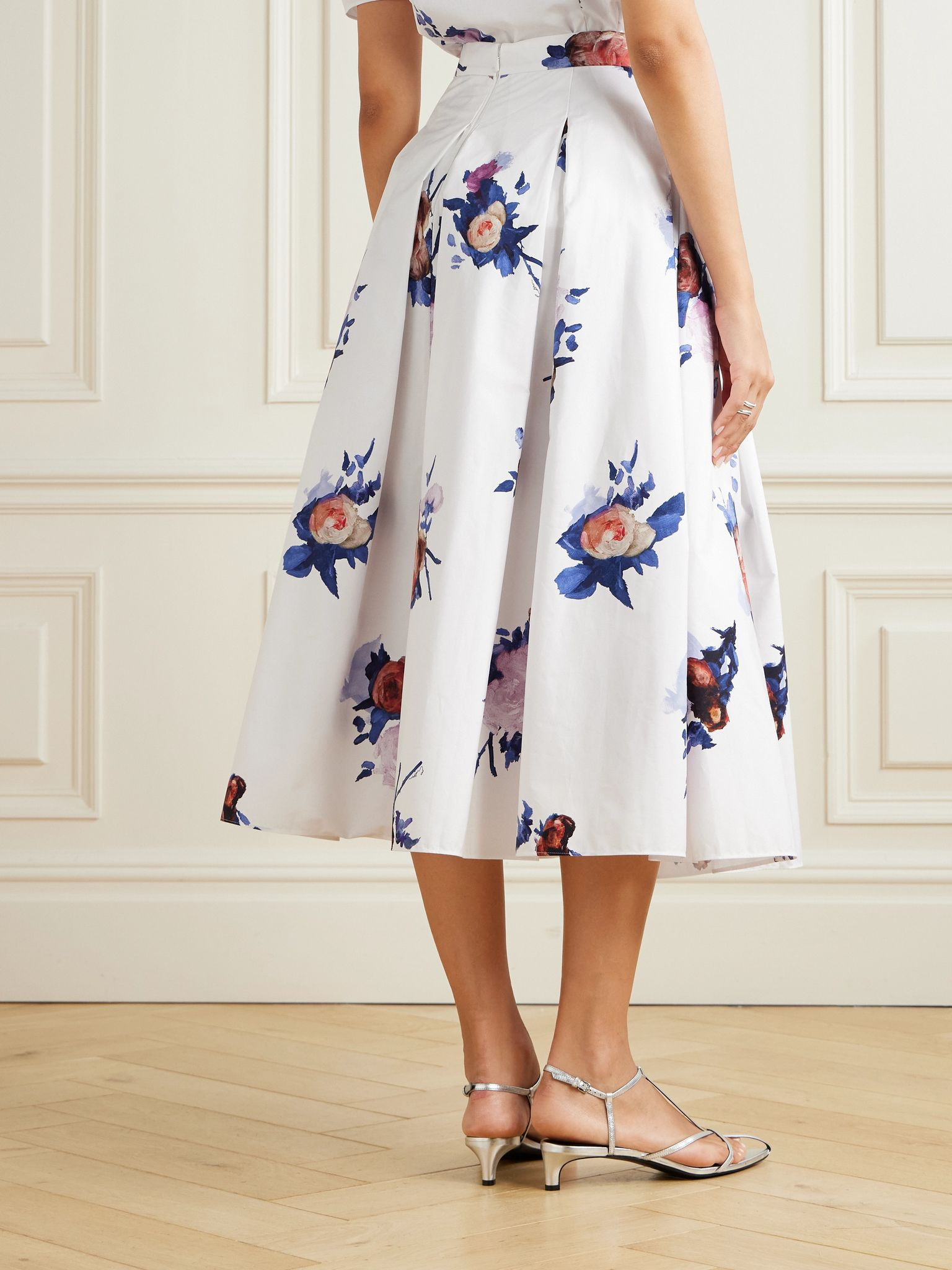 Pleated floral-print cotton-poplin midi skirt White - 4