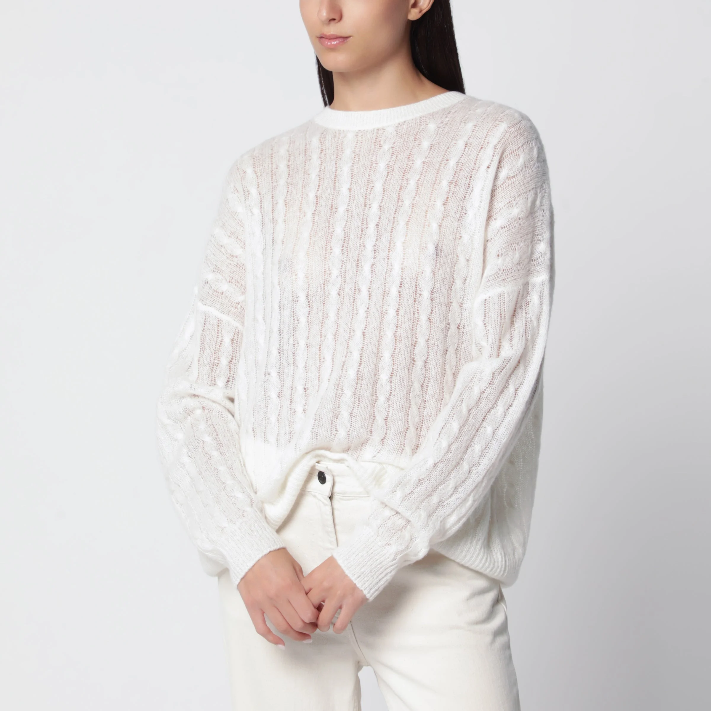 Cream cable-knit Amabel cashmere-silk sweater - 1