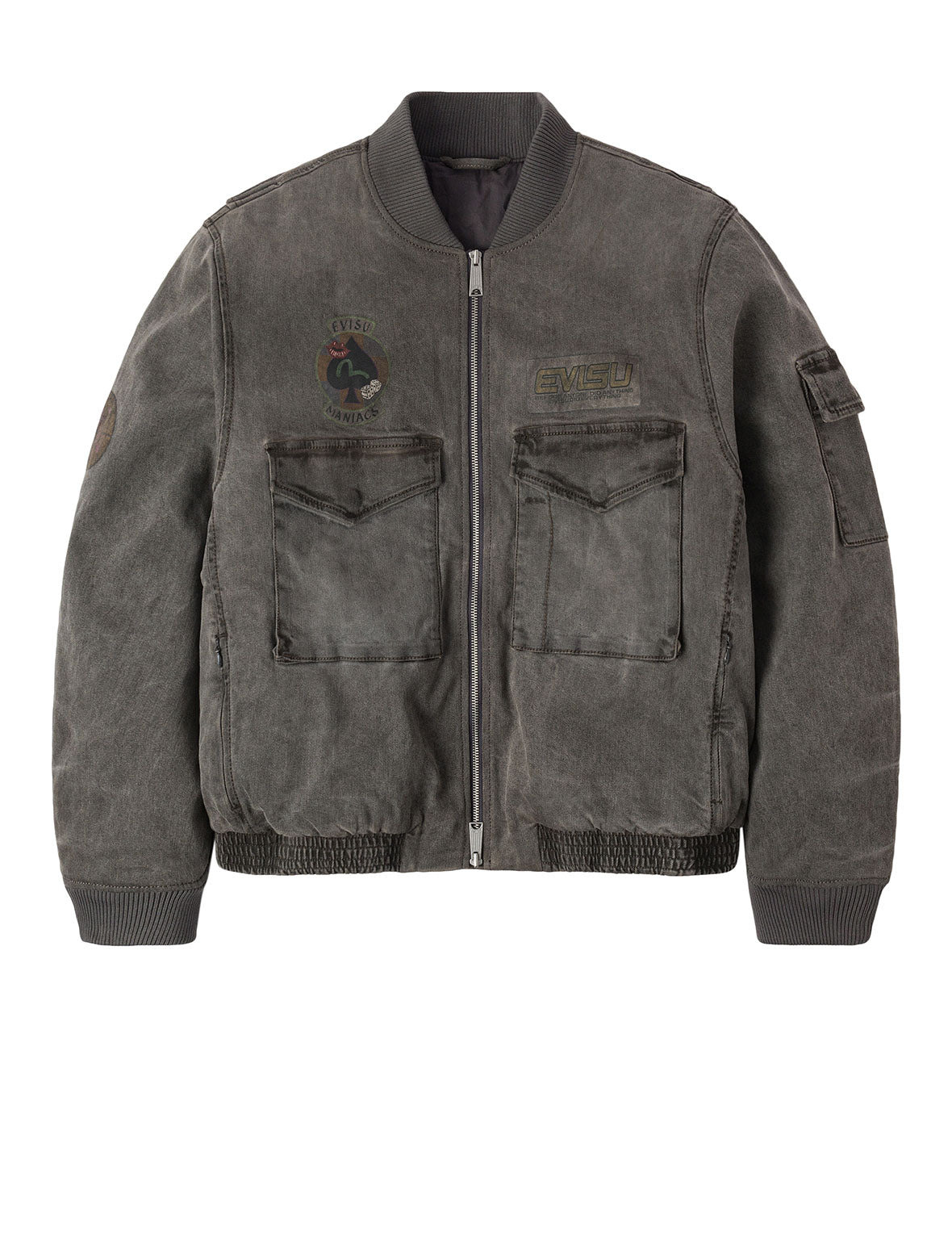 Heavy Washed Multi Logo Badges Print Regular Fit Padded Bomber Jacket - 11