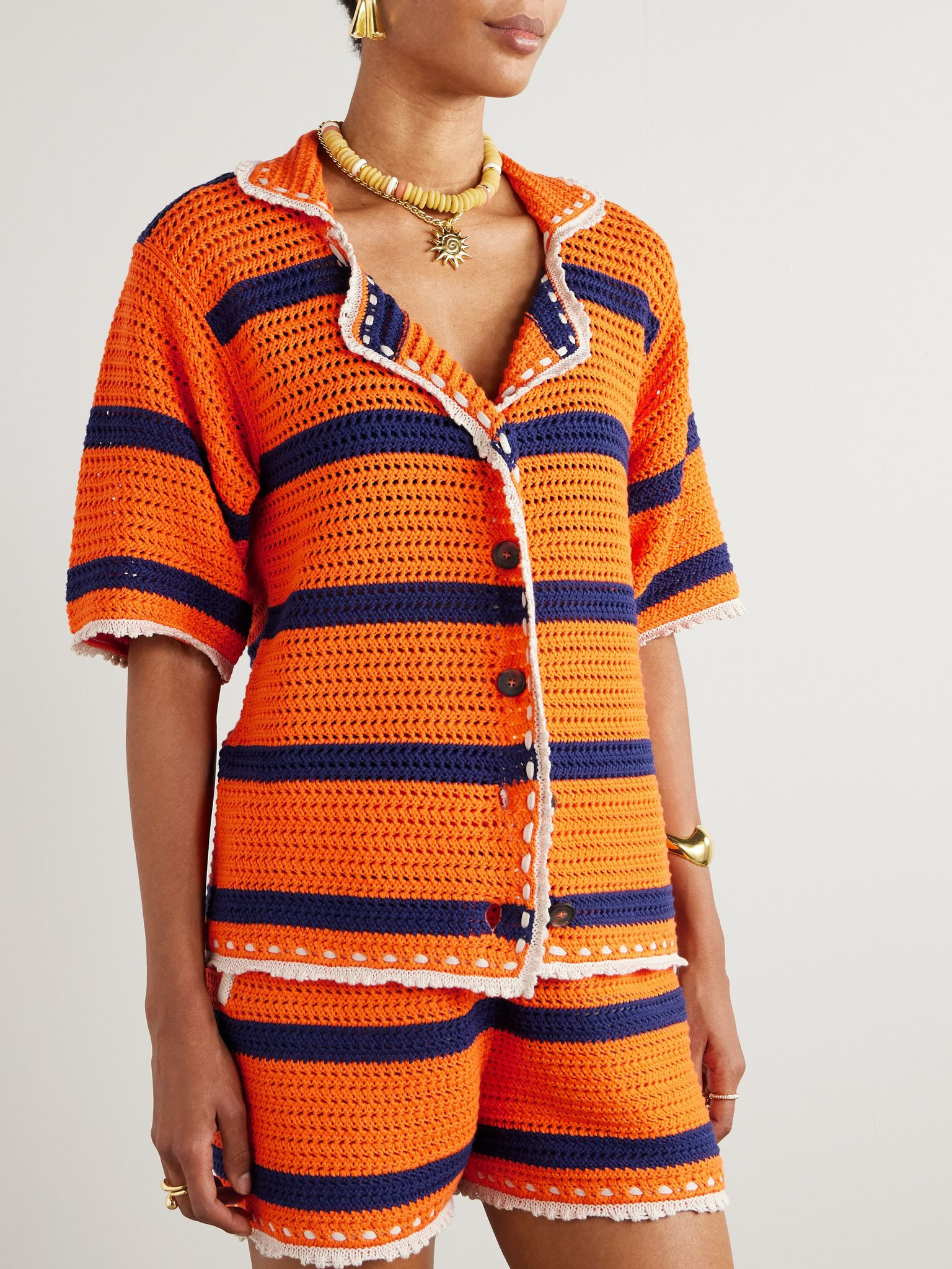 Salt 'N' Vinegar striped crocheted cotton shirt Orange - 3