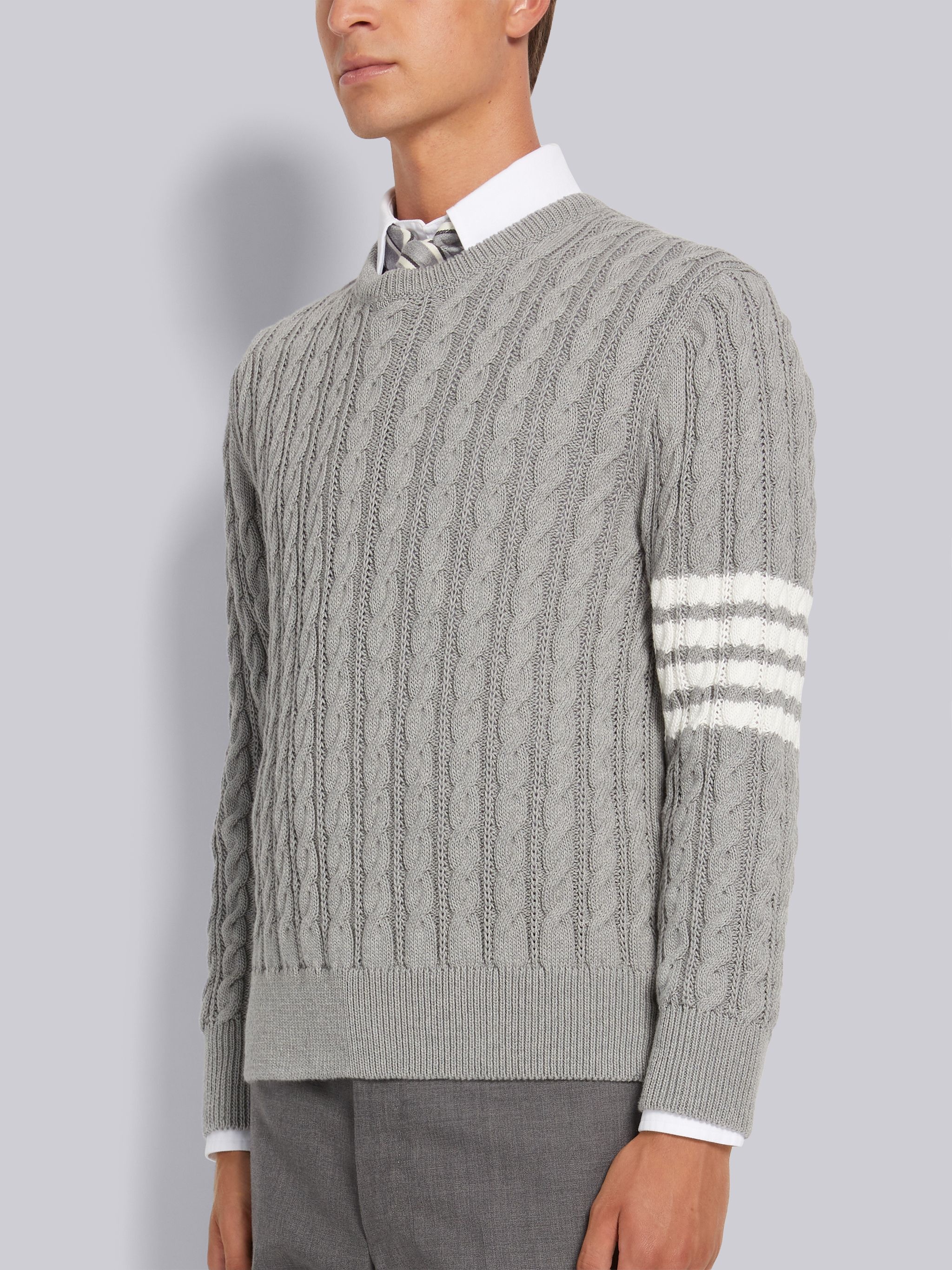 Light Grey Cotton 4-Bar Cable Knit Crew Neck Pullover - 2