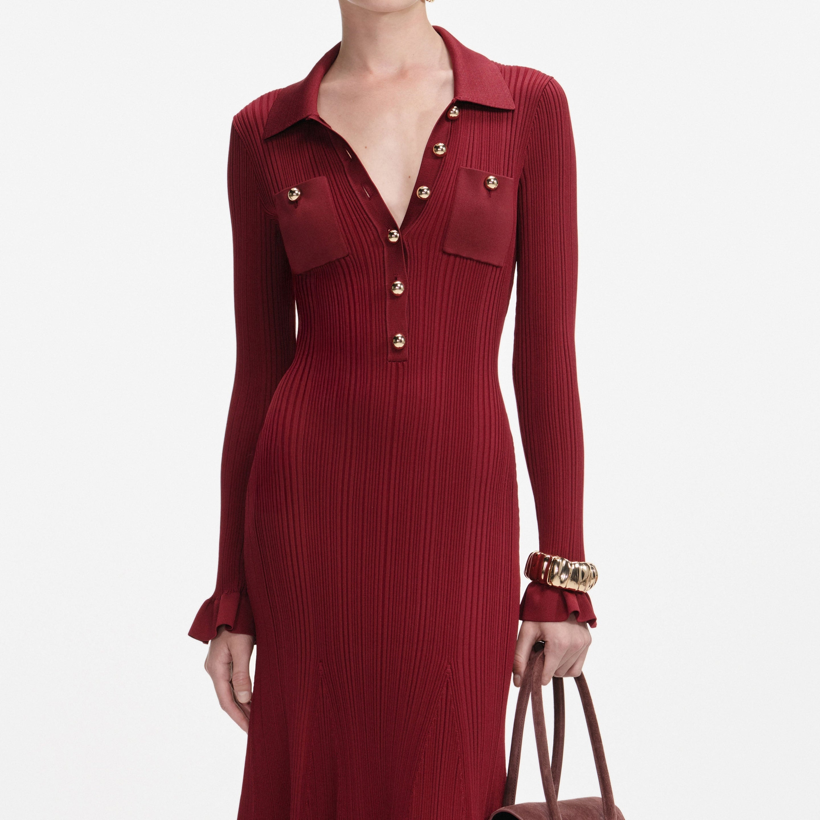 Burgundy Ribbed Knit Midi Dress - 4