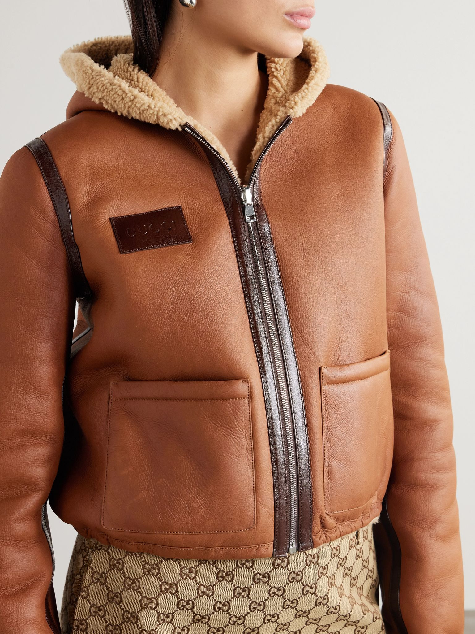 Cropped hooded reversible shearling jacket Camel - 5
