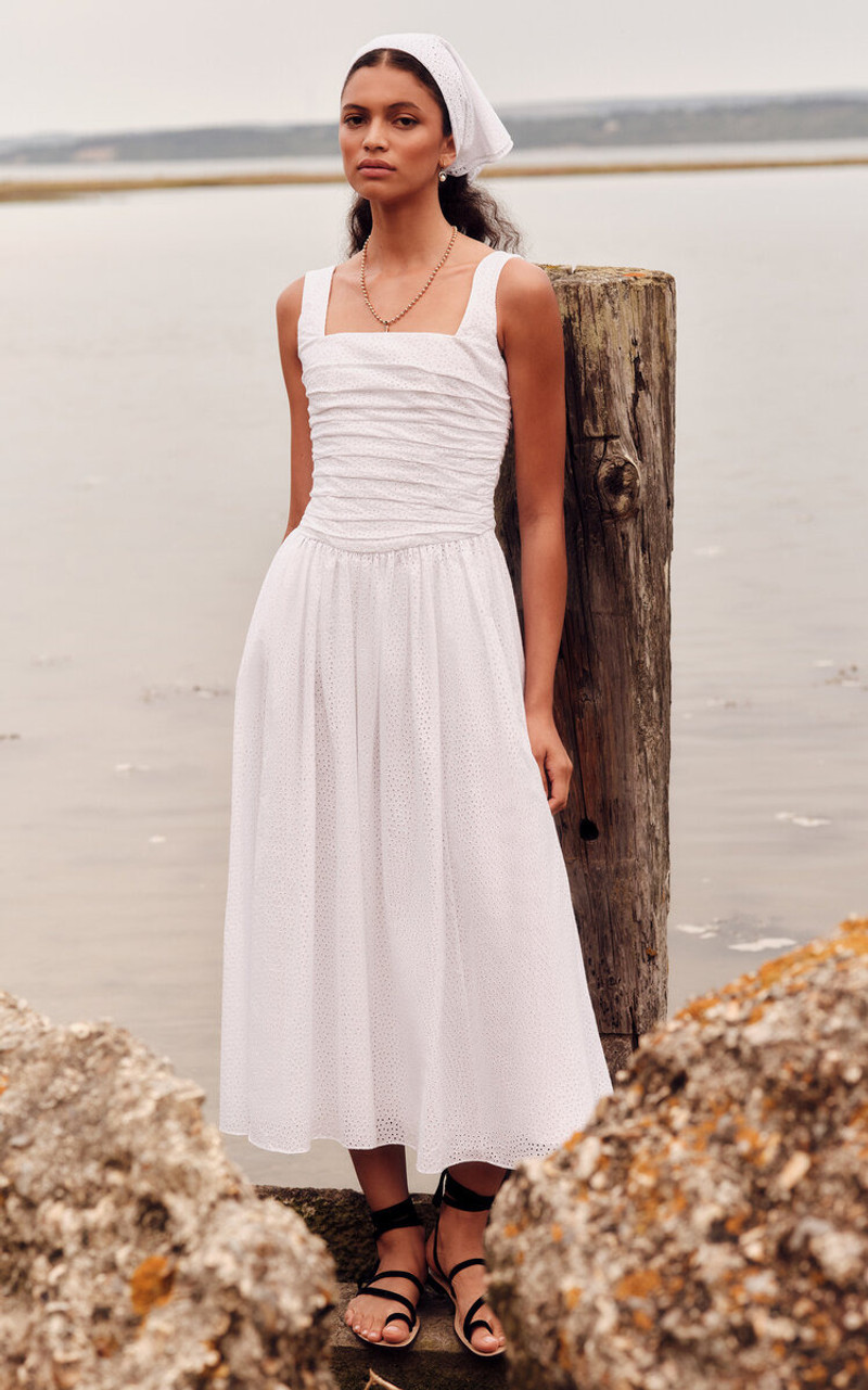 markarian Maeve Ruched Cotton Eyelet Midi Dress white outlook
