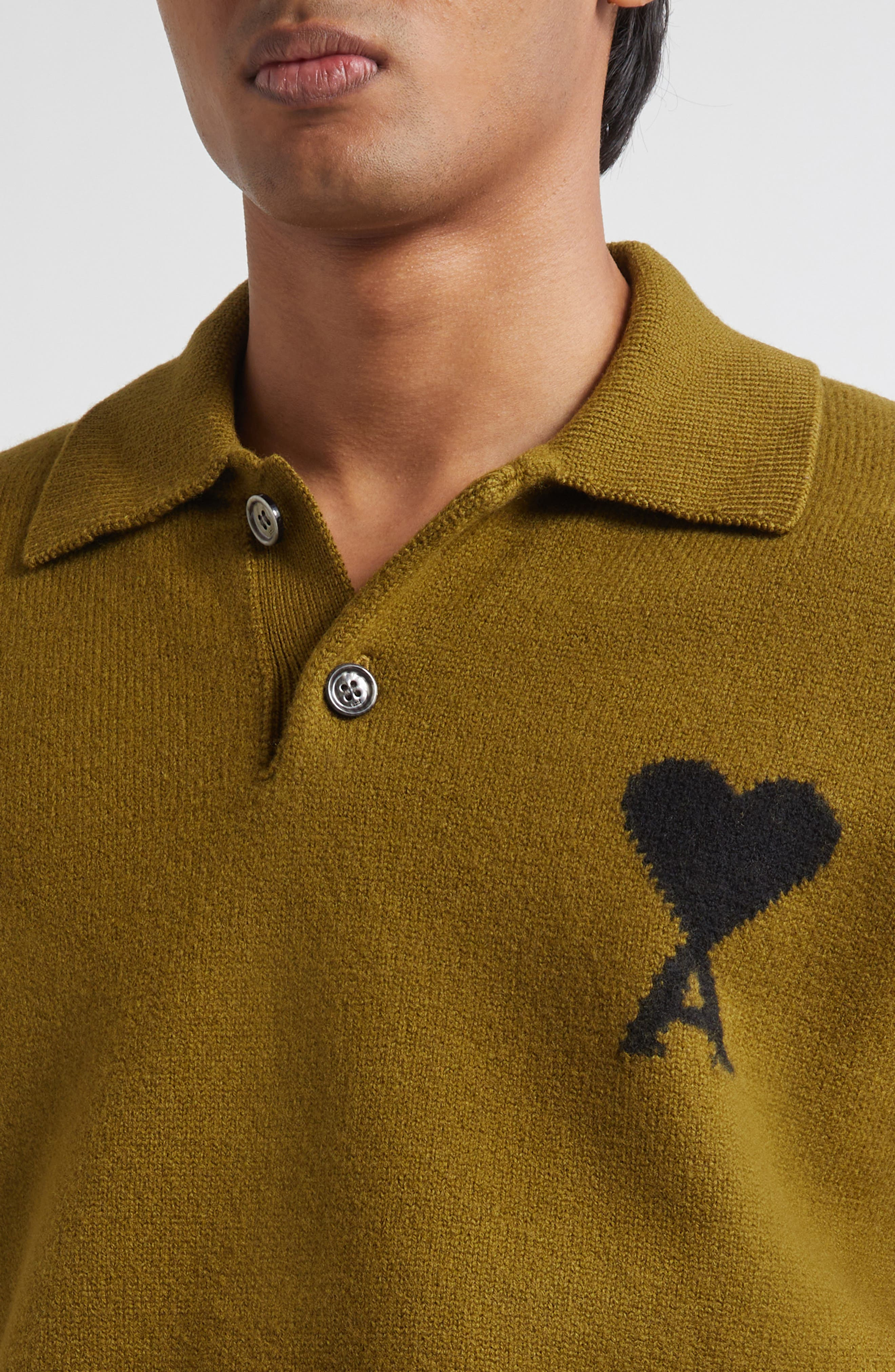 AMI PARIS Ami de Coeur Monogram Felted Wool Polo Sweater in Bronze/Noir at Nordstrom - 4