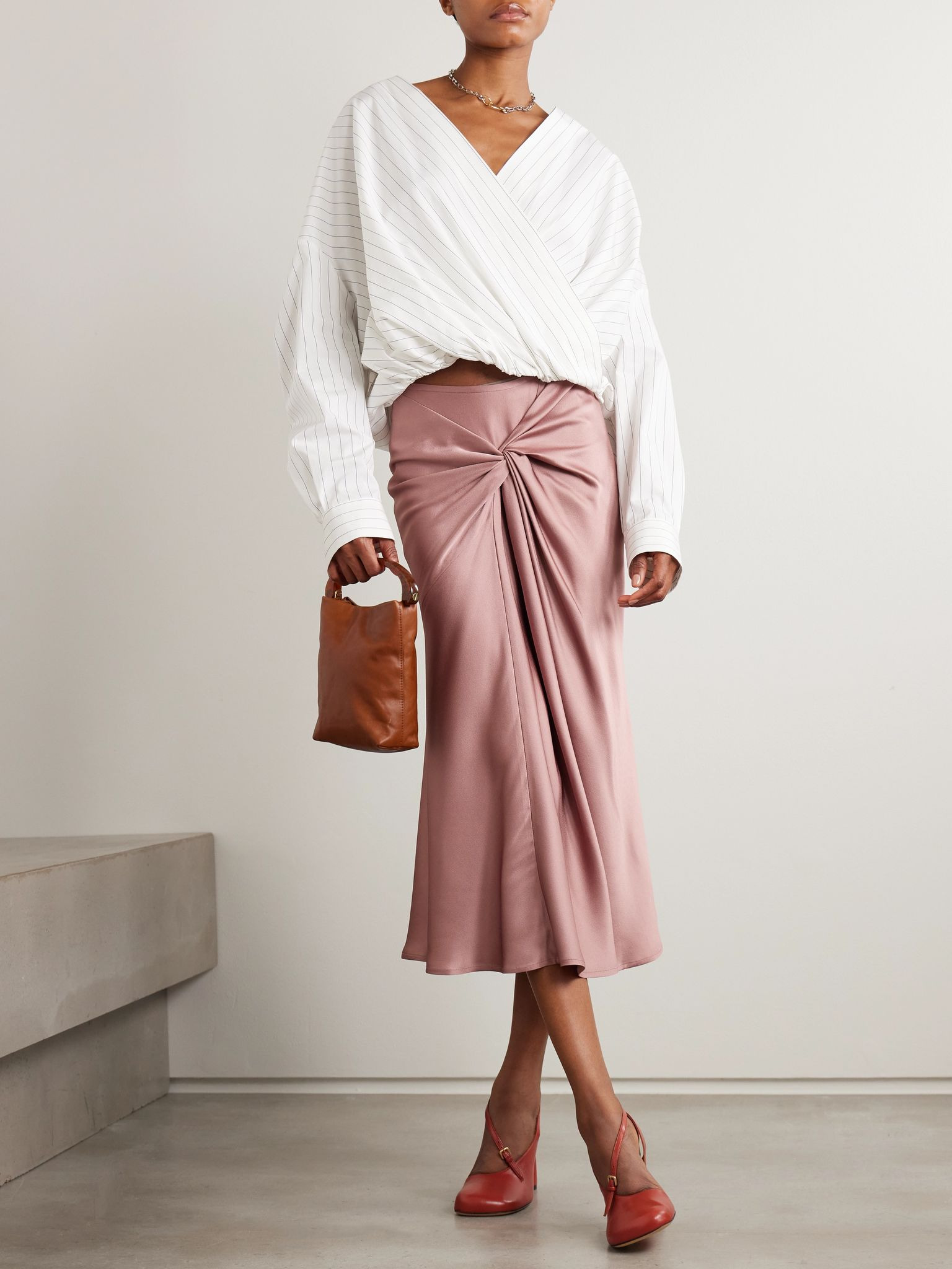 Oversized wrap-effect pinstriped cotton-poplin blouse White - 2