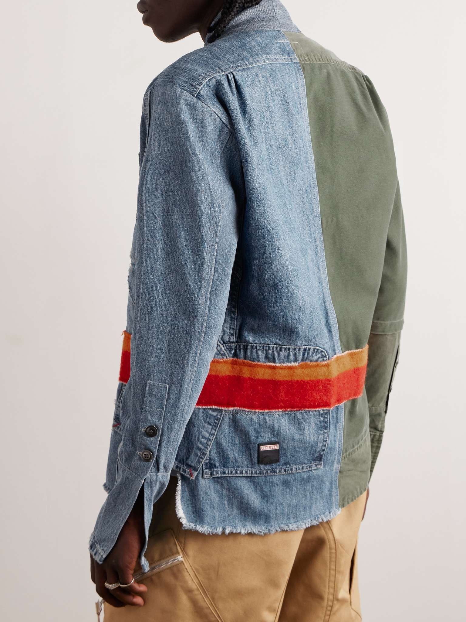 Shawl-Collar Distressed Patchwork Denim, Cotton and Wool-Blend Overshirt - 4