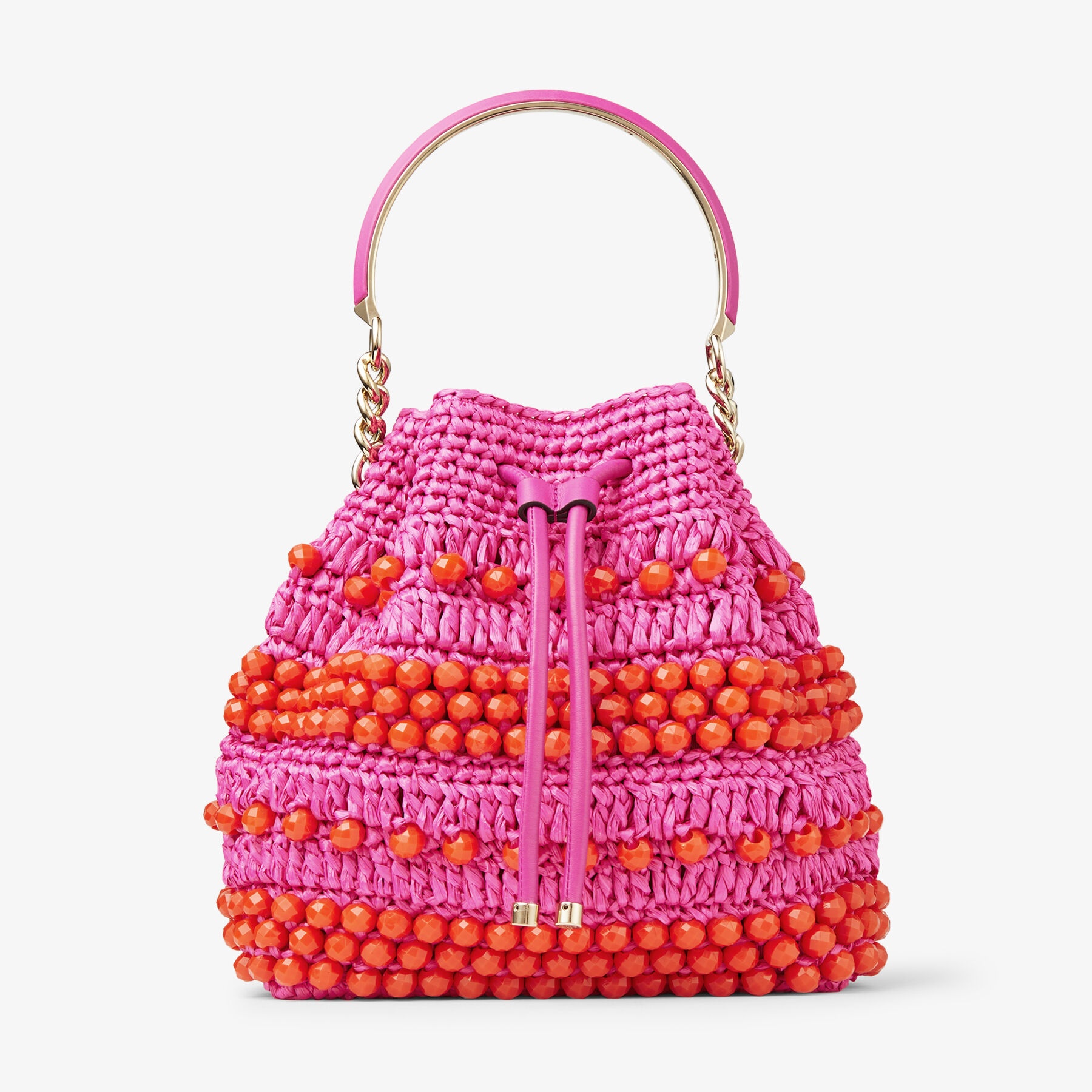 Bon Bon Bucket
Fuchsia Beaded Raffia and Smooth Leather Tote Bag - 1