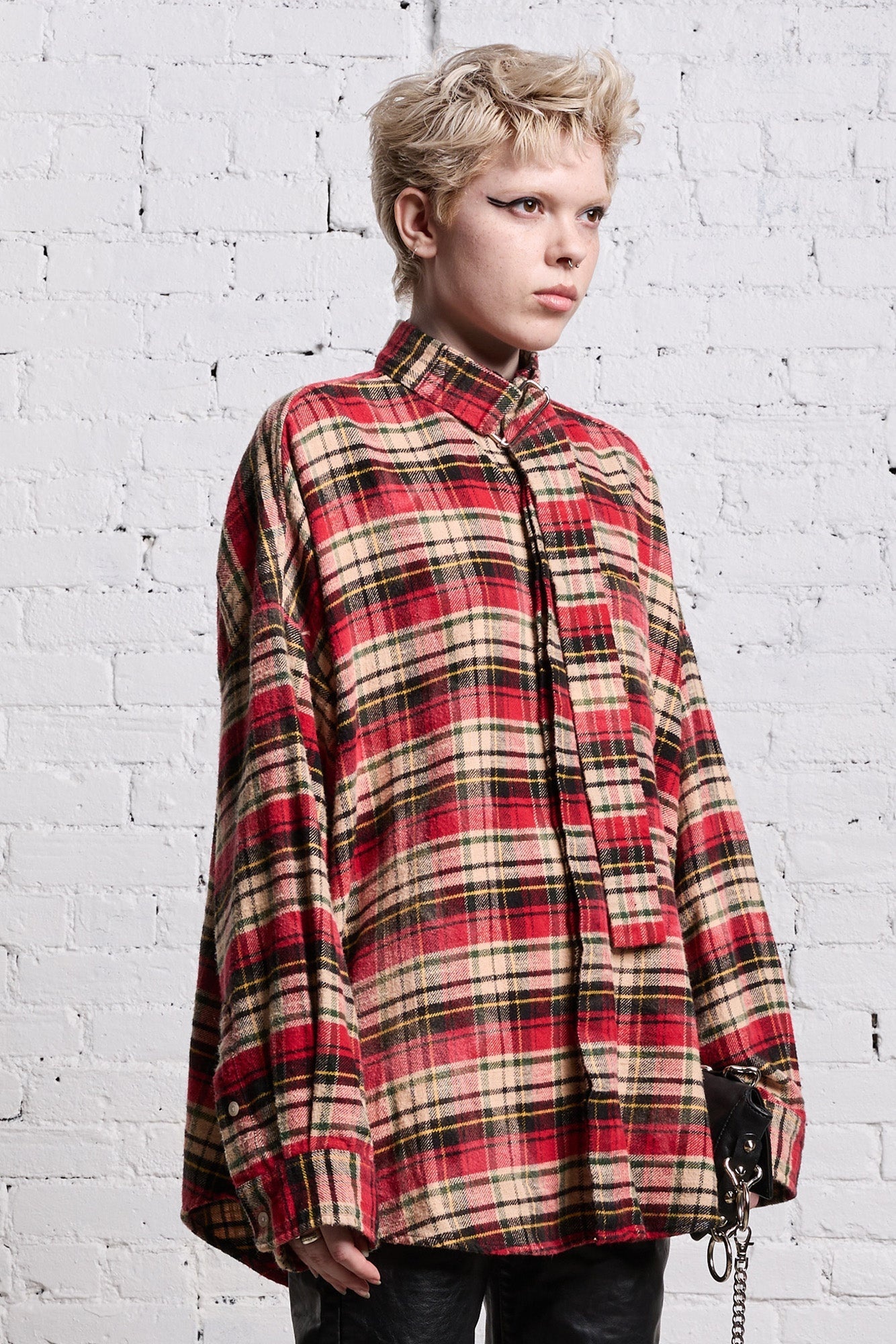 OVERSIZED BELT COLLAR SHIRT - BLEACHED RED PLAID - 5
