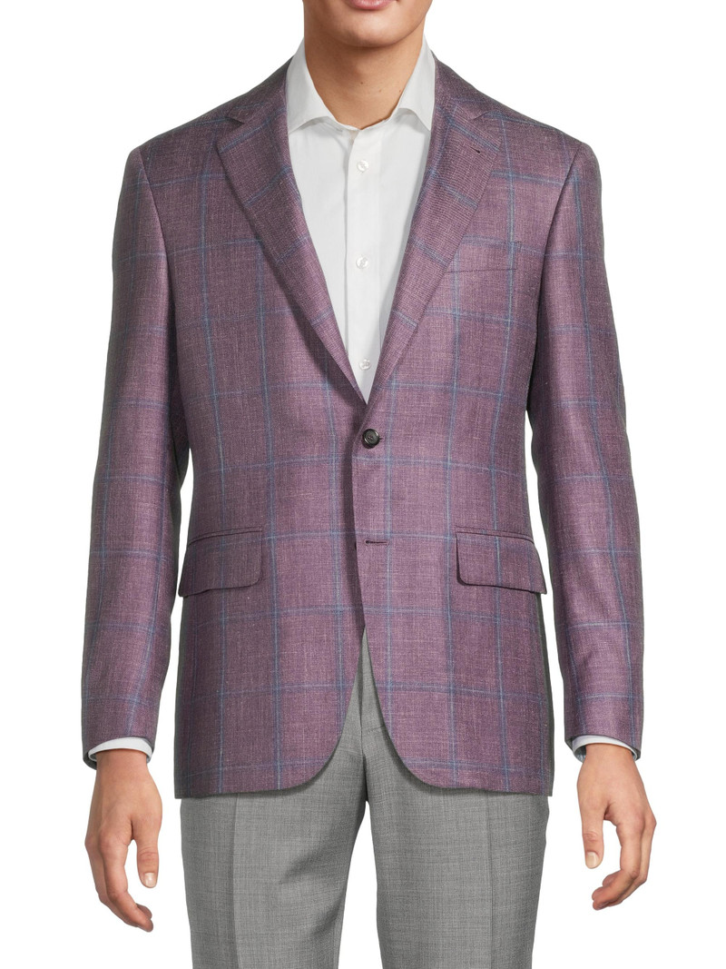 Men's Windowpane Plaid Wool-Silk-Linen Sport Coat - Purple 3