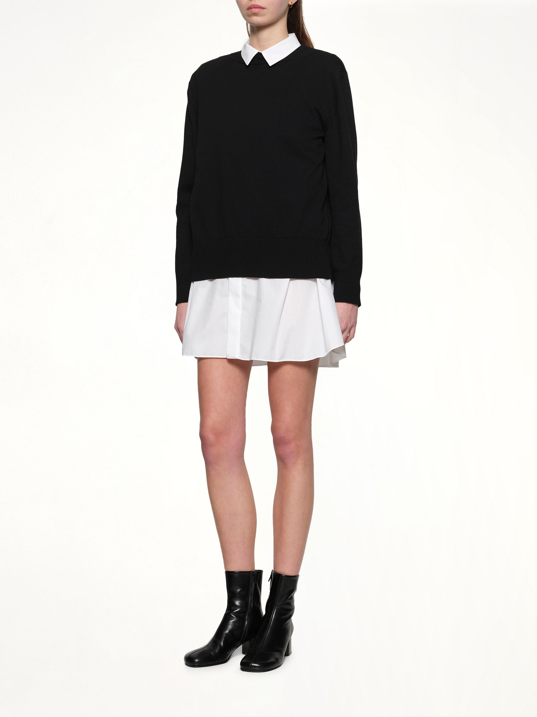 Poplin x Cotton Knit Dress in Black/Off White - 4