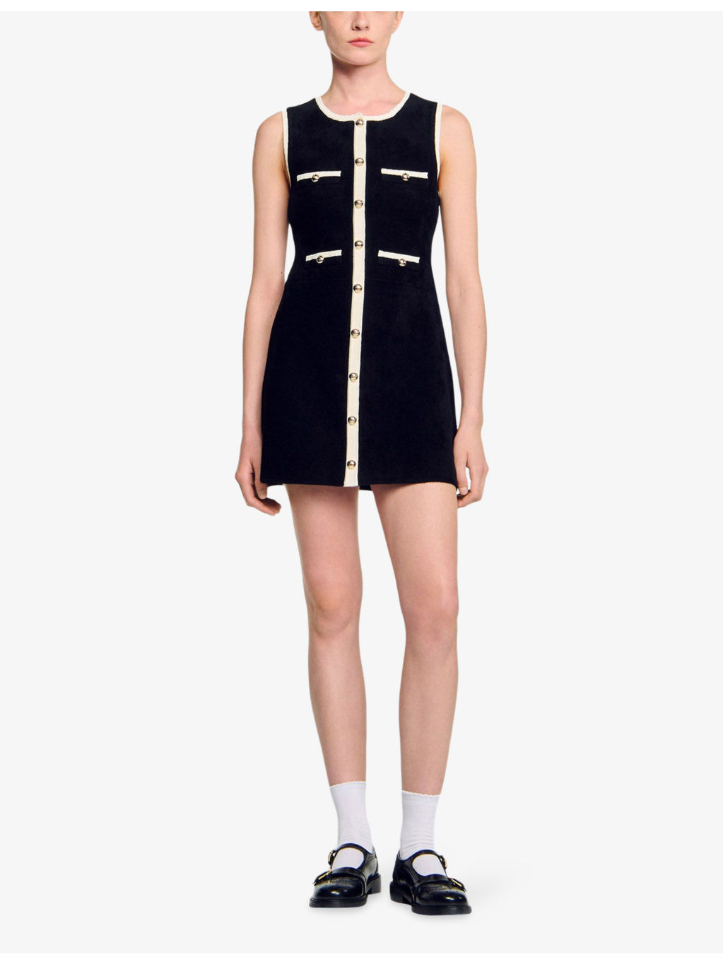 Round-Neck Button-Down Stretch-Velvet Mini Dress - 2