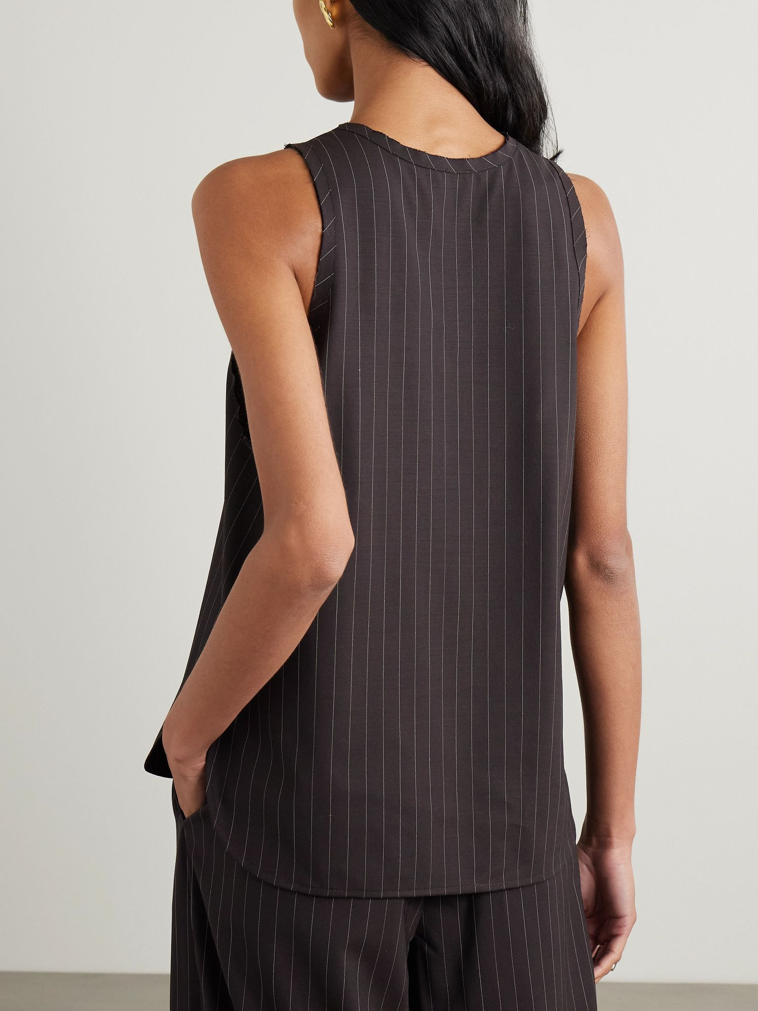 Distressed pinstriped wool-blend tank Brown - 3
