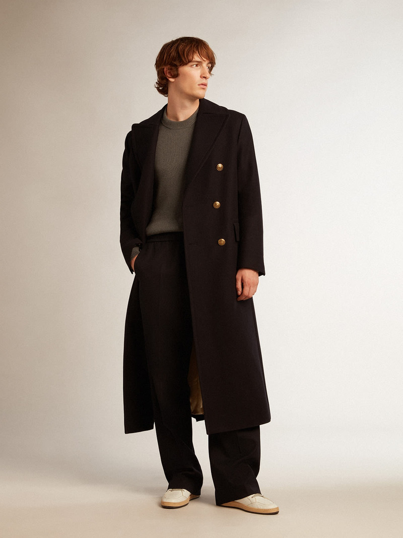 Golden Goose Men's double-breasted coat in blue wool with gold buttons outlook