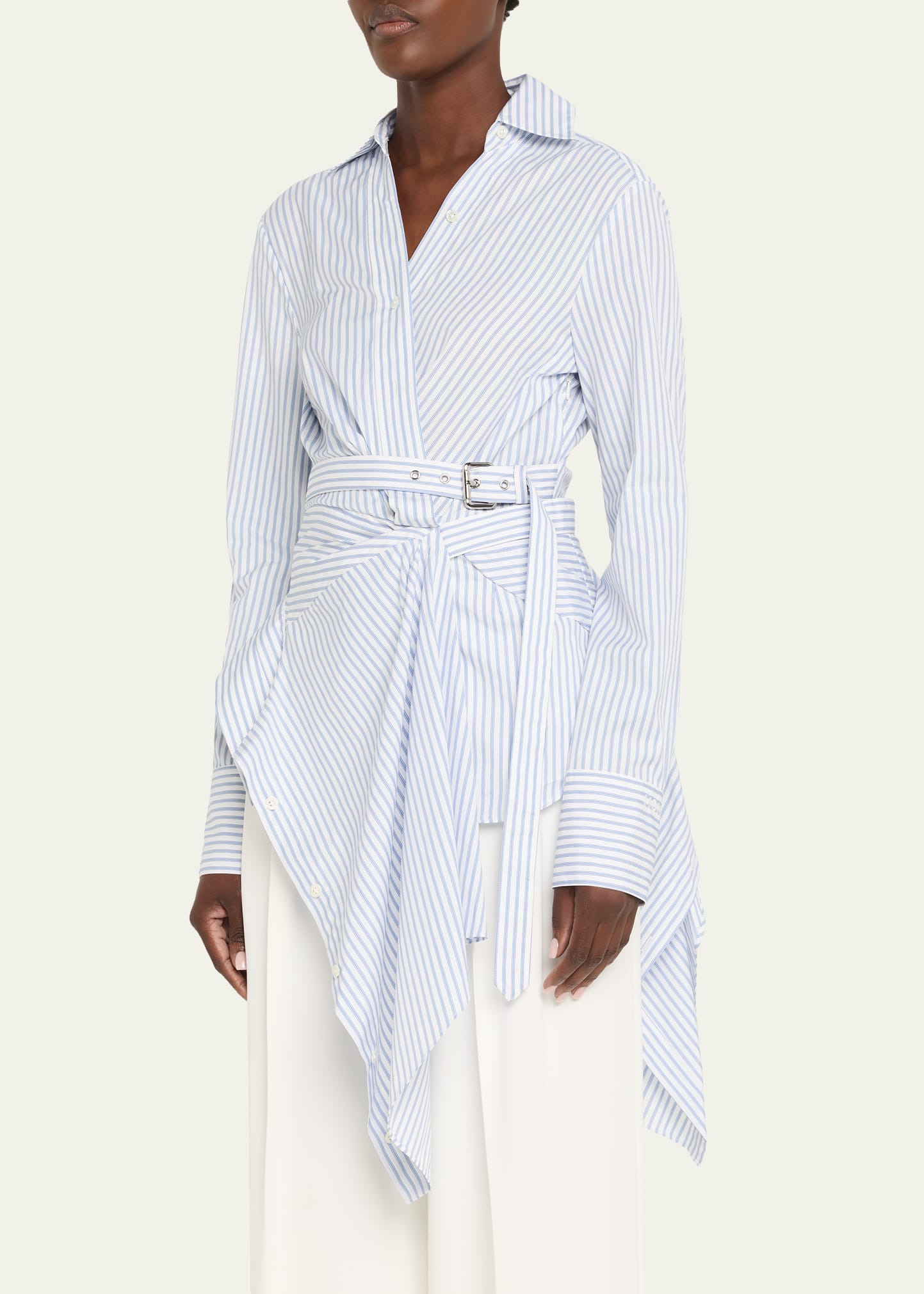 Striped Belted Asymmetric Wrap Blouse - 4