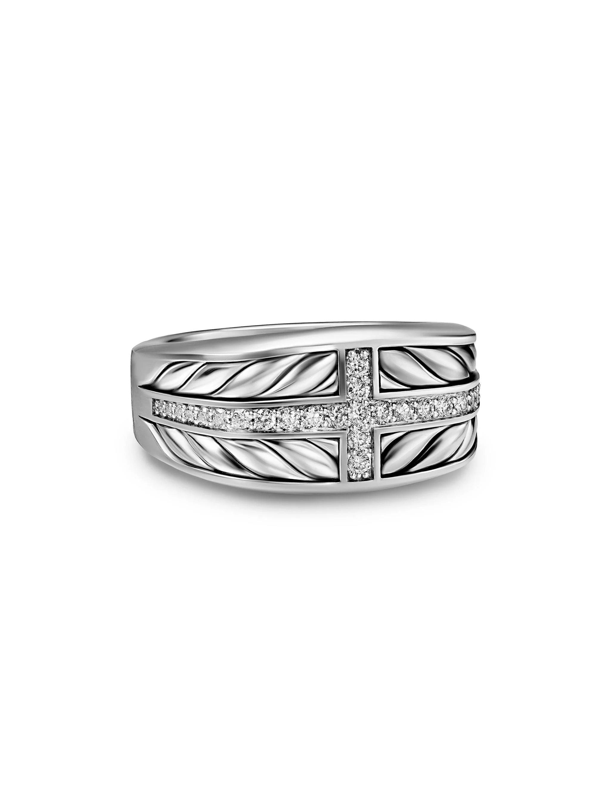 Men's Chevron Three Sided Signet Ring in Sterling Silver - Diamond - 1