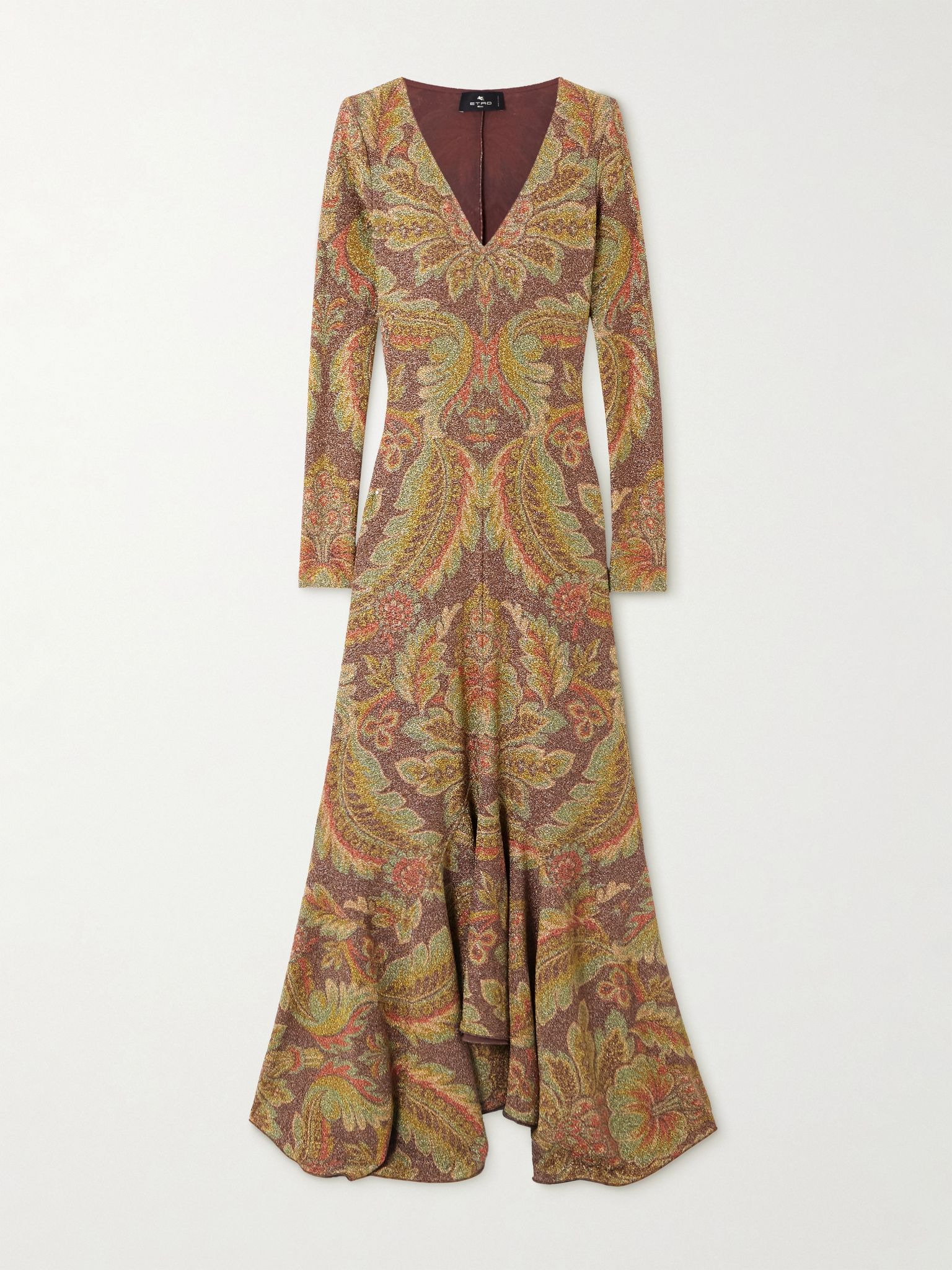 Asymmetric paisley-print metallic cloqué midi dress Brown - 1