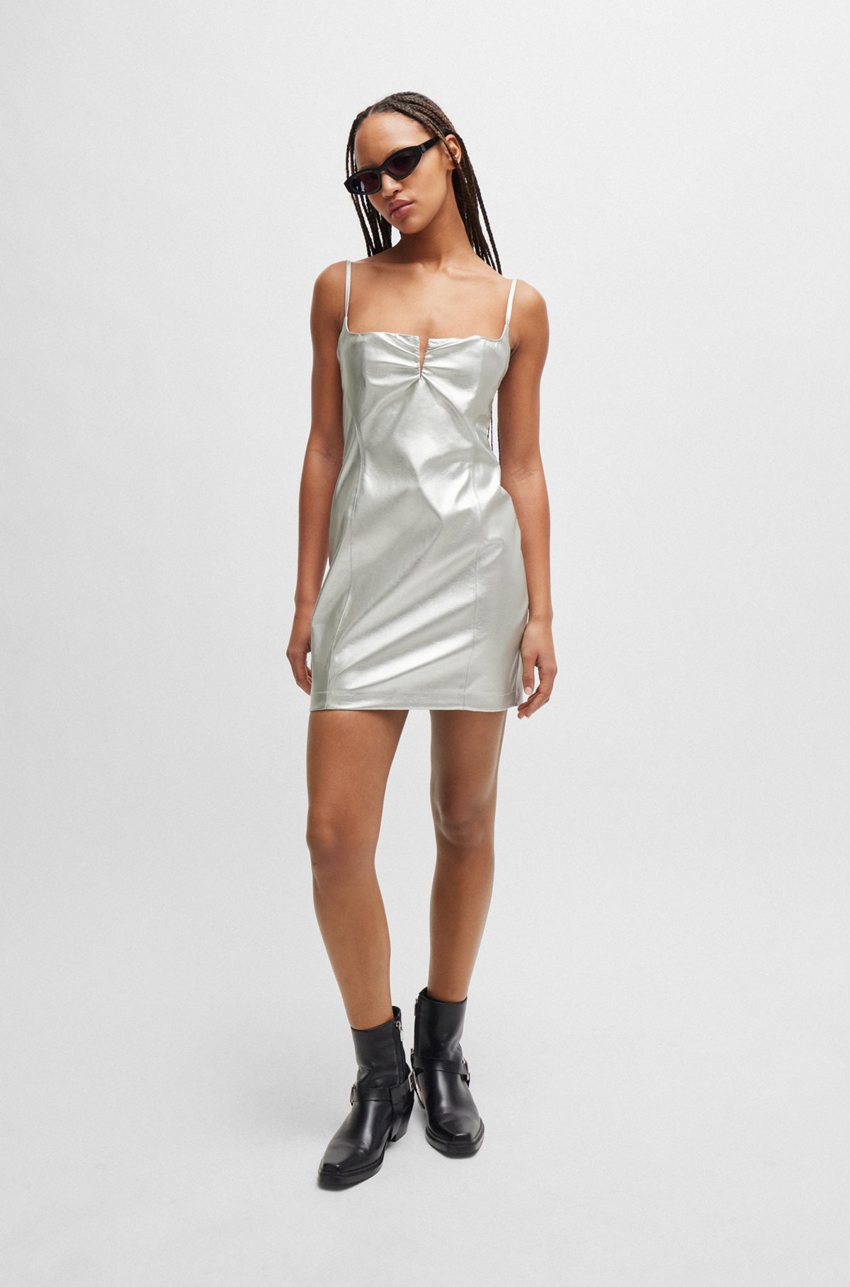 METALLIC FAUX-LEATHER MINI DRESS WITH NOTCH NECKLINE - 3