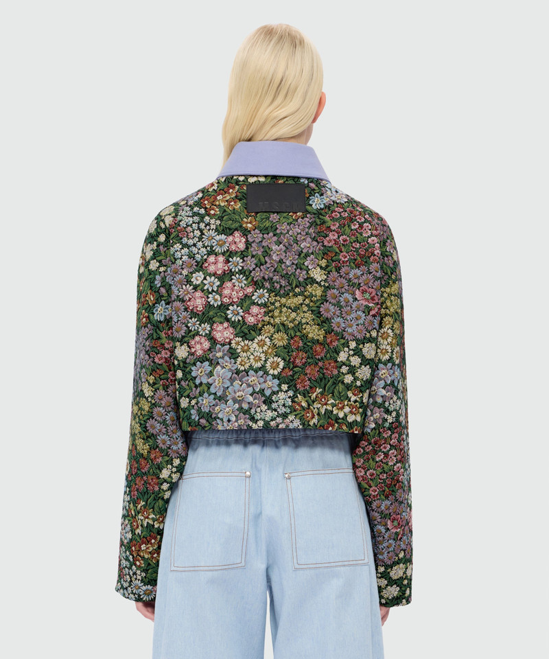Multicolor cropped floral jacquard jacket with canvas collar 3