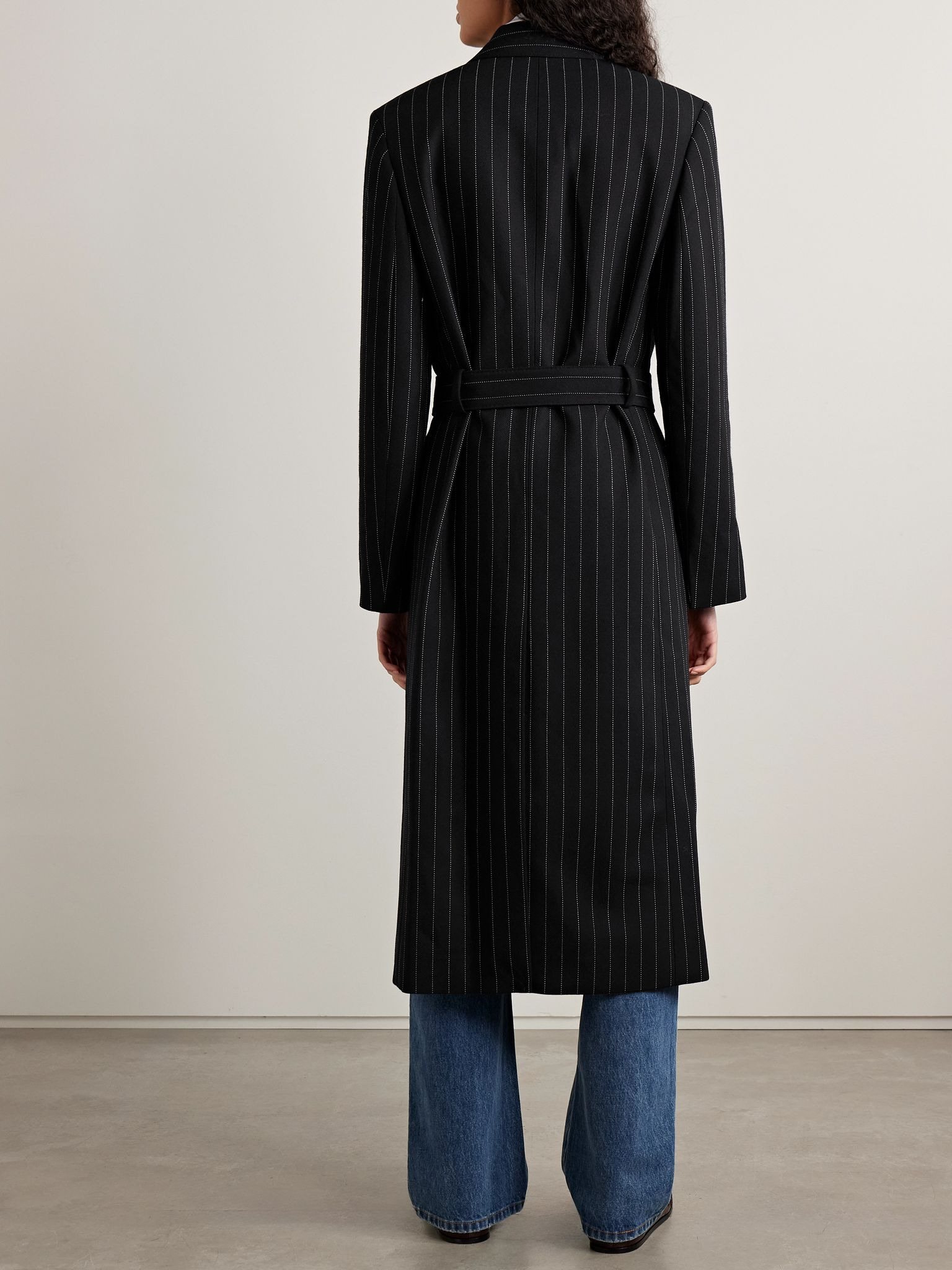 Belted pinstriped wool coat Black - 4
