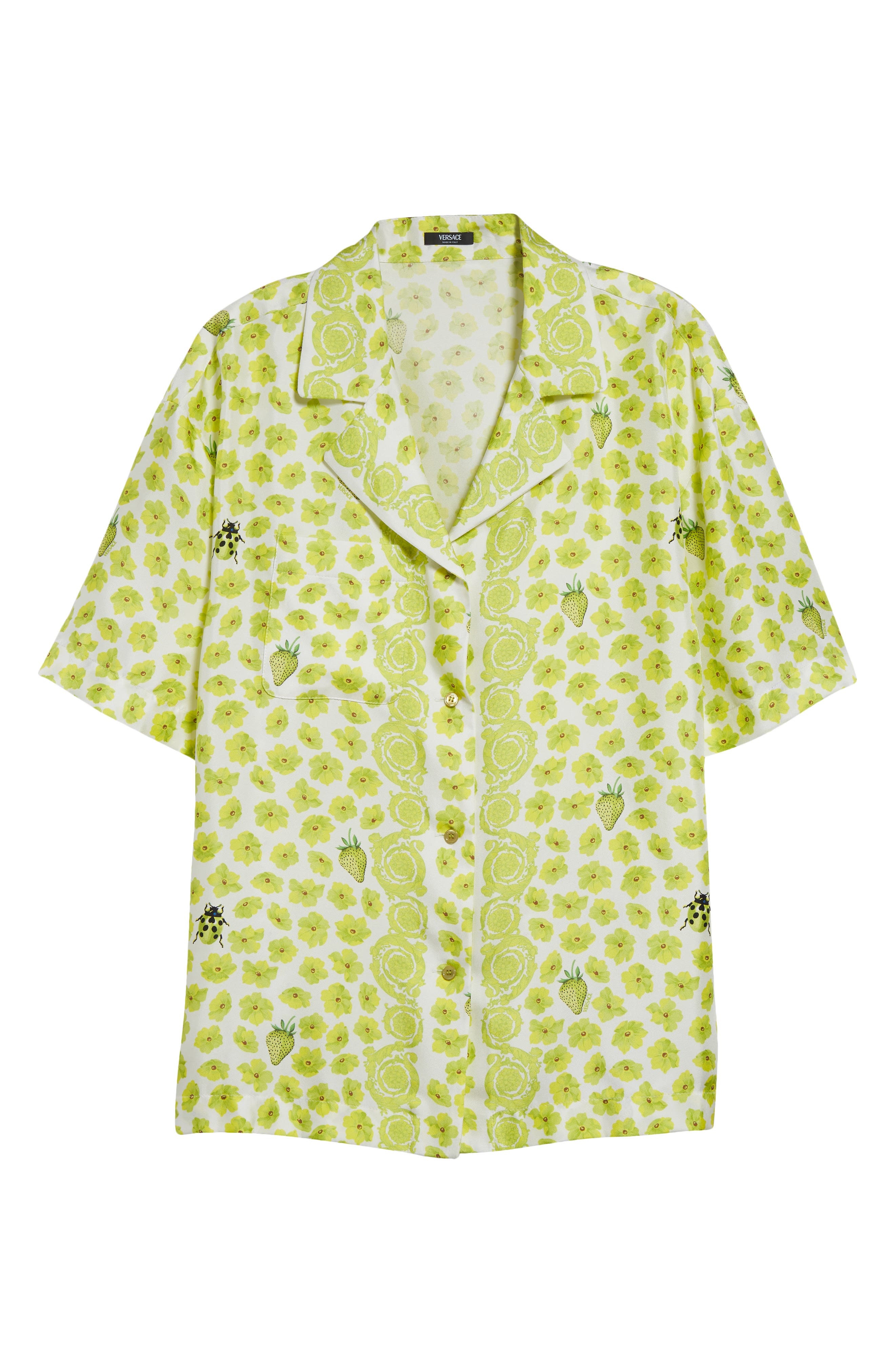 Versace Strawberry Garden Print Camp Shirt in White/Lime at Nordstrom - 6