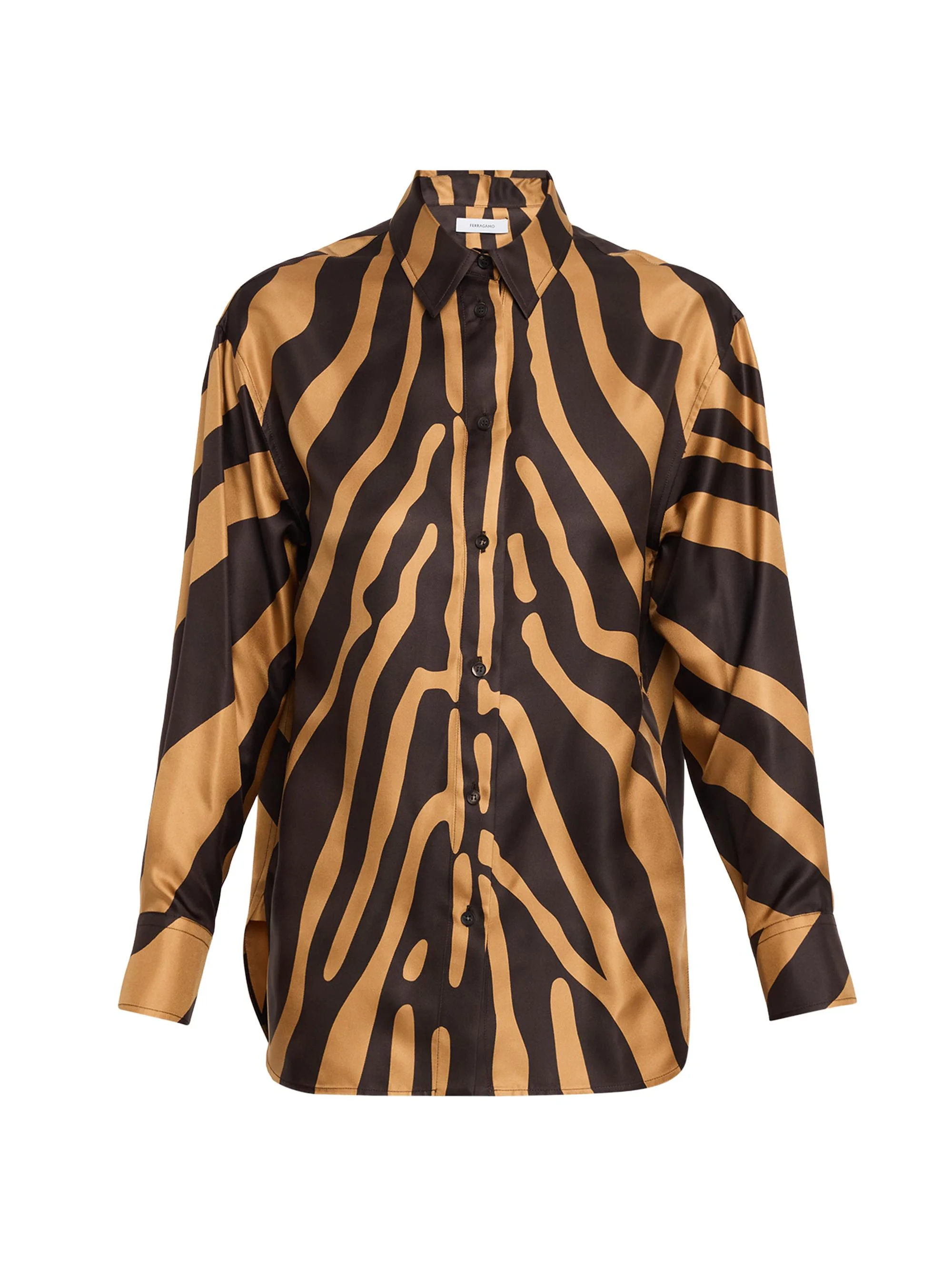 Women's Zebra-Print Silk Button-Front Shirt - Camel Dark Espresso - 1