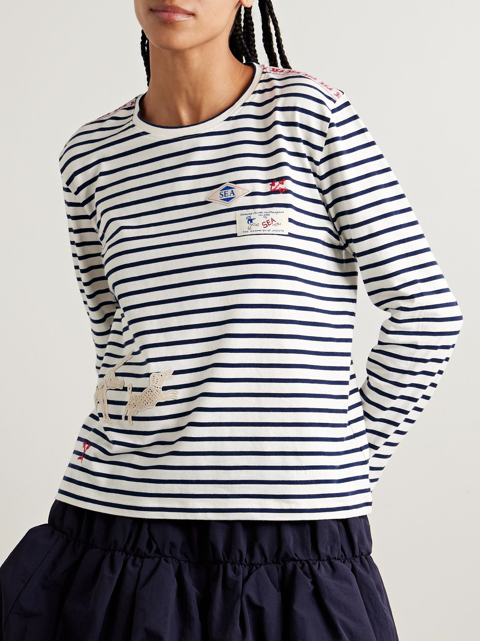 Athena appliquéd embroidered striped cotton-jersey T-shirt White - 3