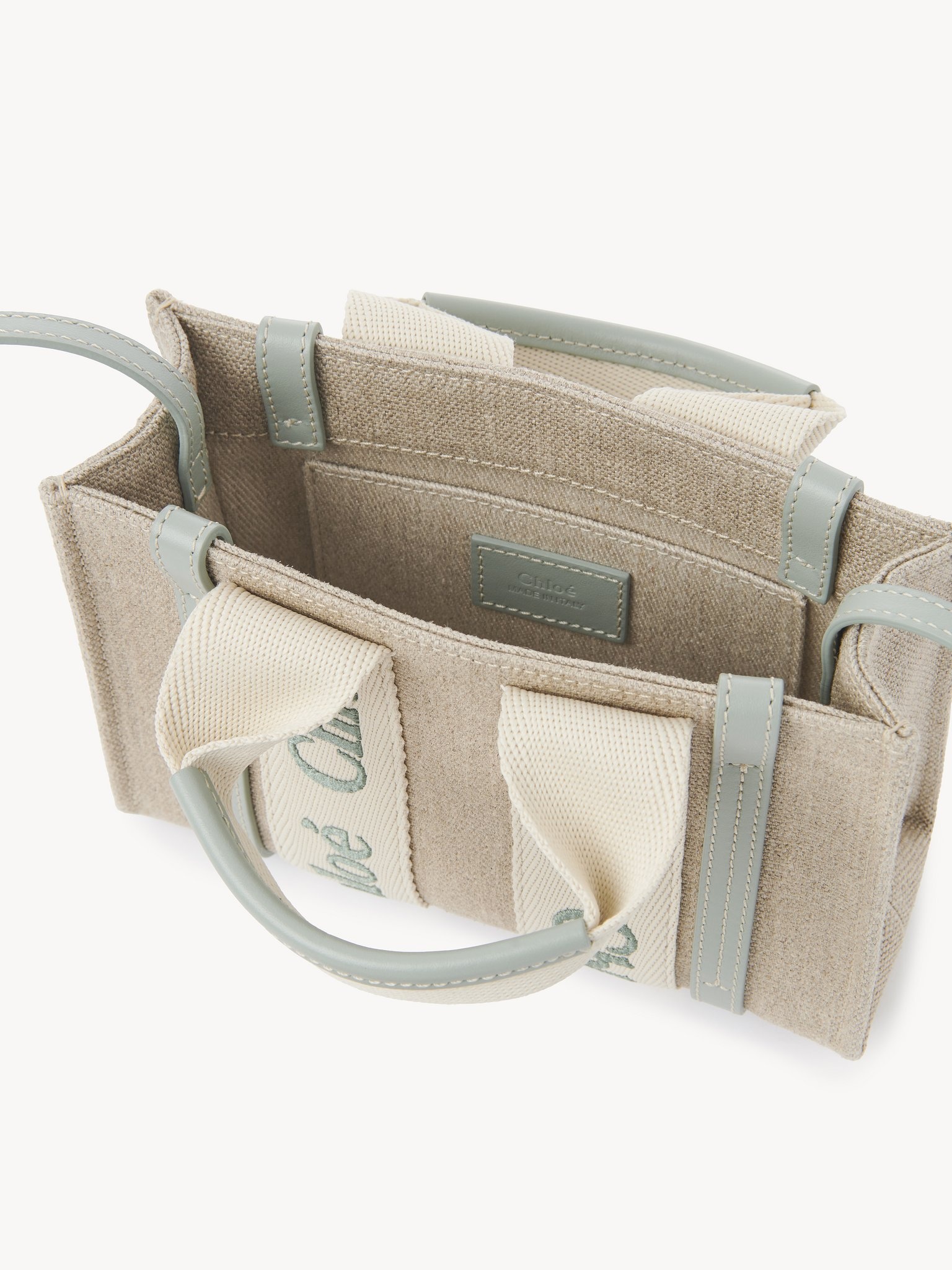 MINI WOODY TOTE BAG IN LINEN & LEATHER - 5