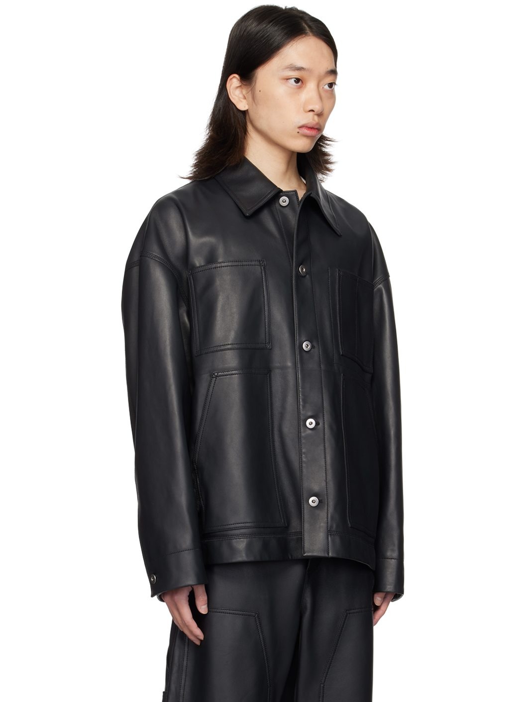 Black Spread Collar Leather Jacket - 2