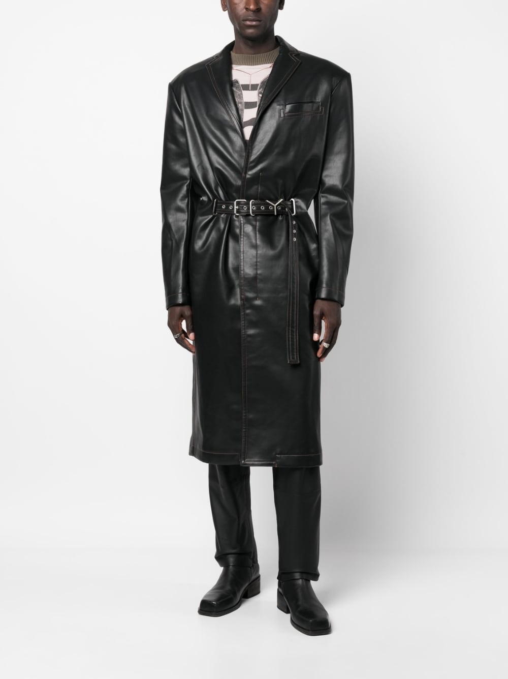 belted faux-leather coat - 2