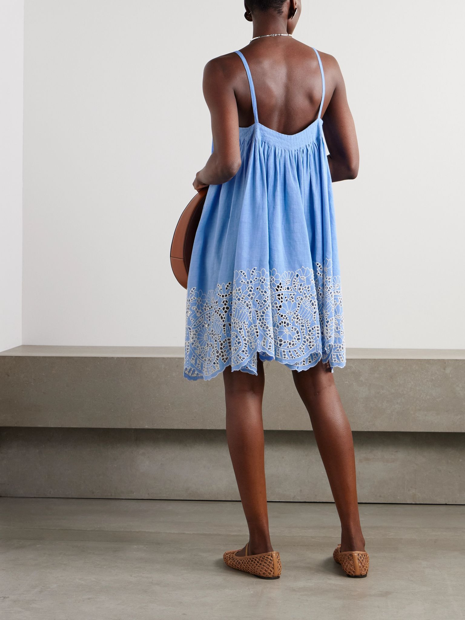 Zenobia pleated broderie anglaise linen and cotton-blend mini dress Blue - 3