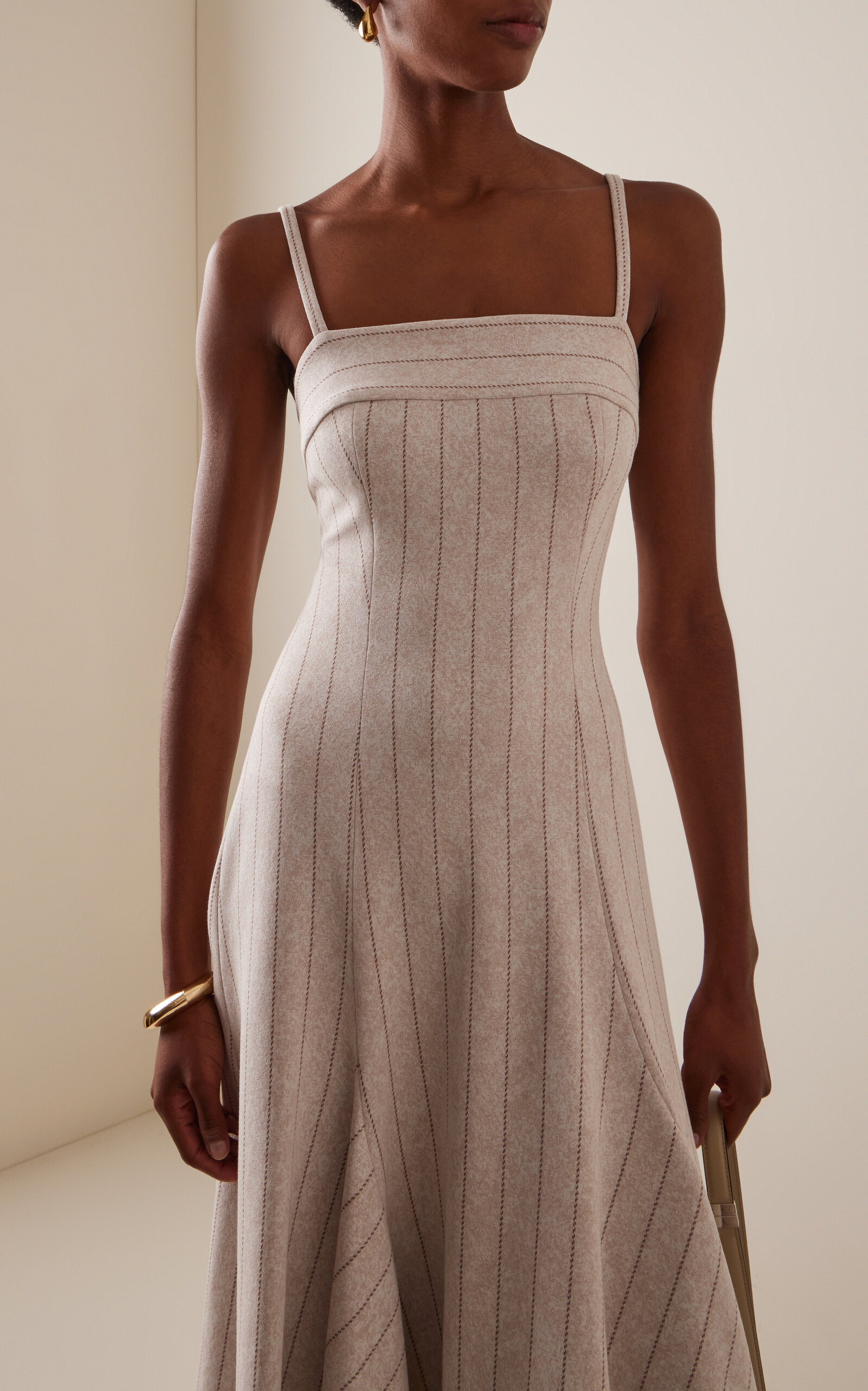 Godet-Detailed Pinstriped Jacquard Dress neutral - 3