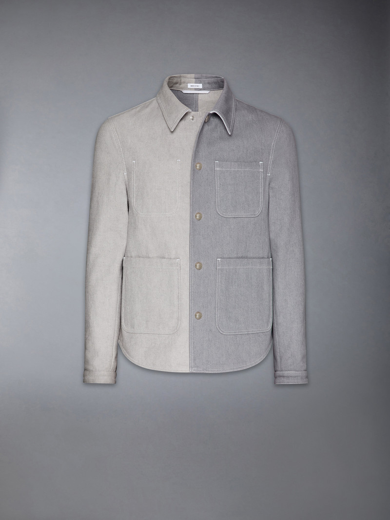 Funmix Washed Denim Contrast Topstitching Utility Patch Pocket Jacket 1